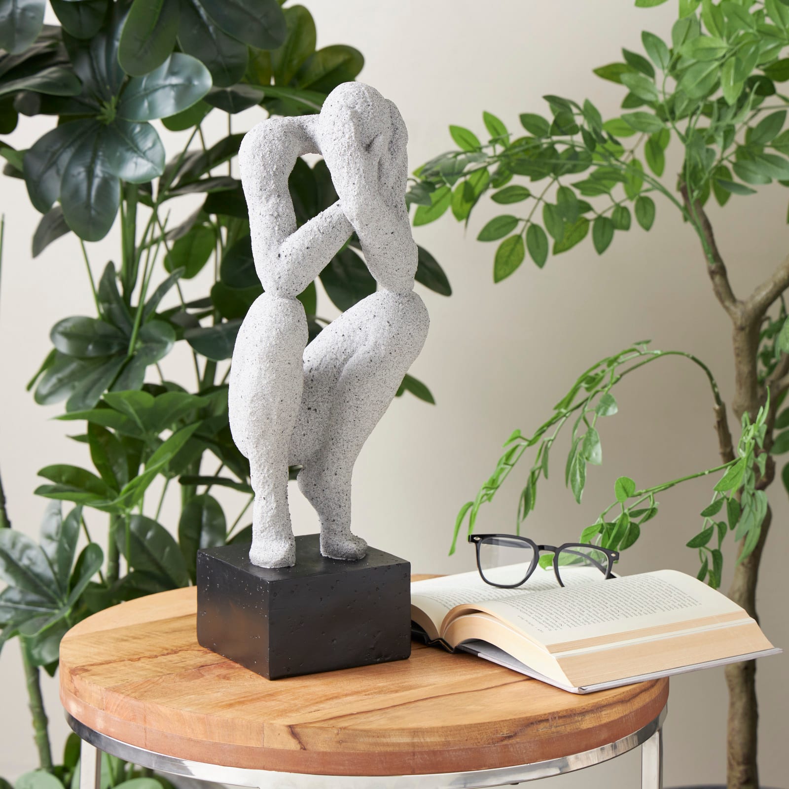 18.75" Gray Crouching Sculpture with Black Square Base