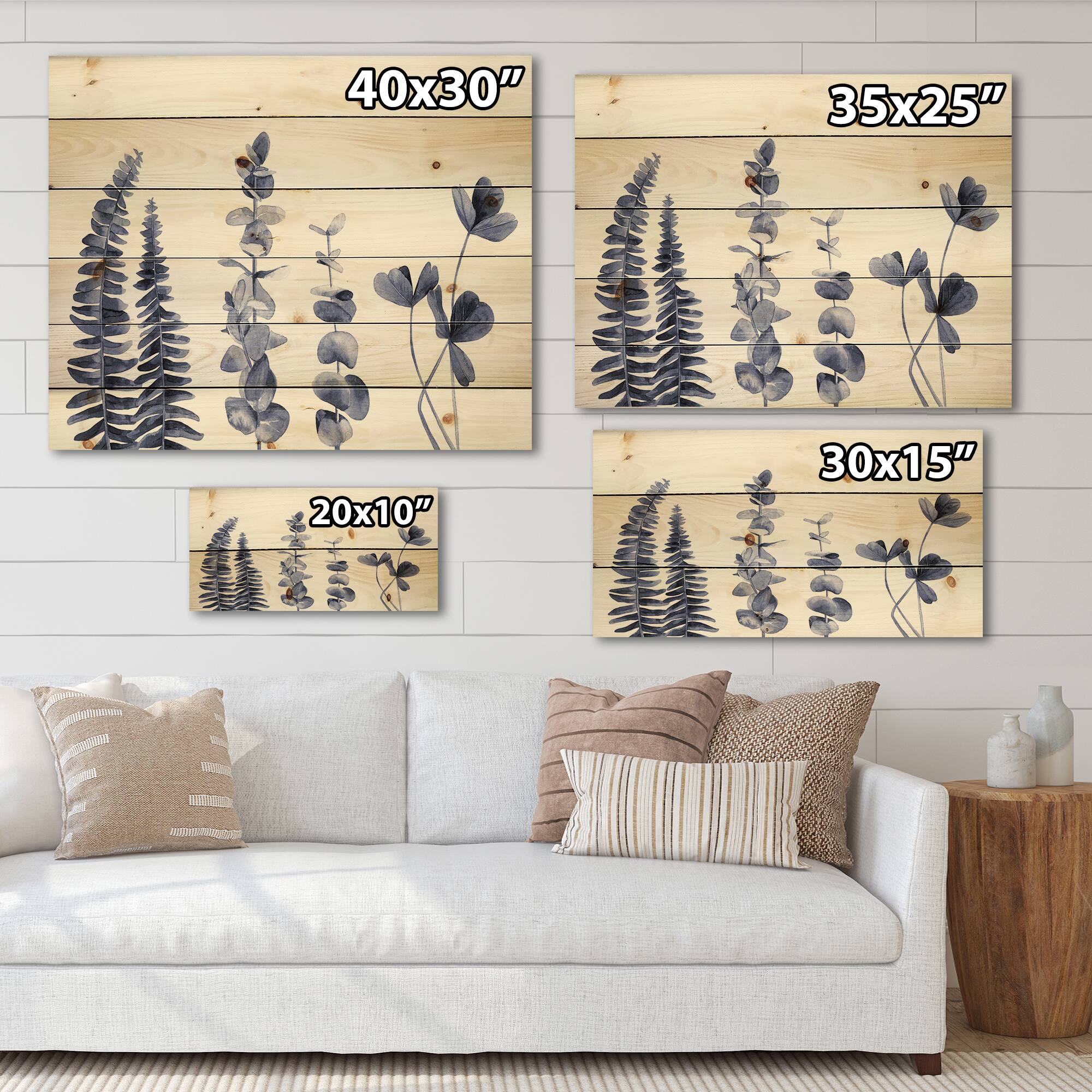 Designart - Navy Blue Eucalyptus I - Traditional Print on Natural Pine Wood