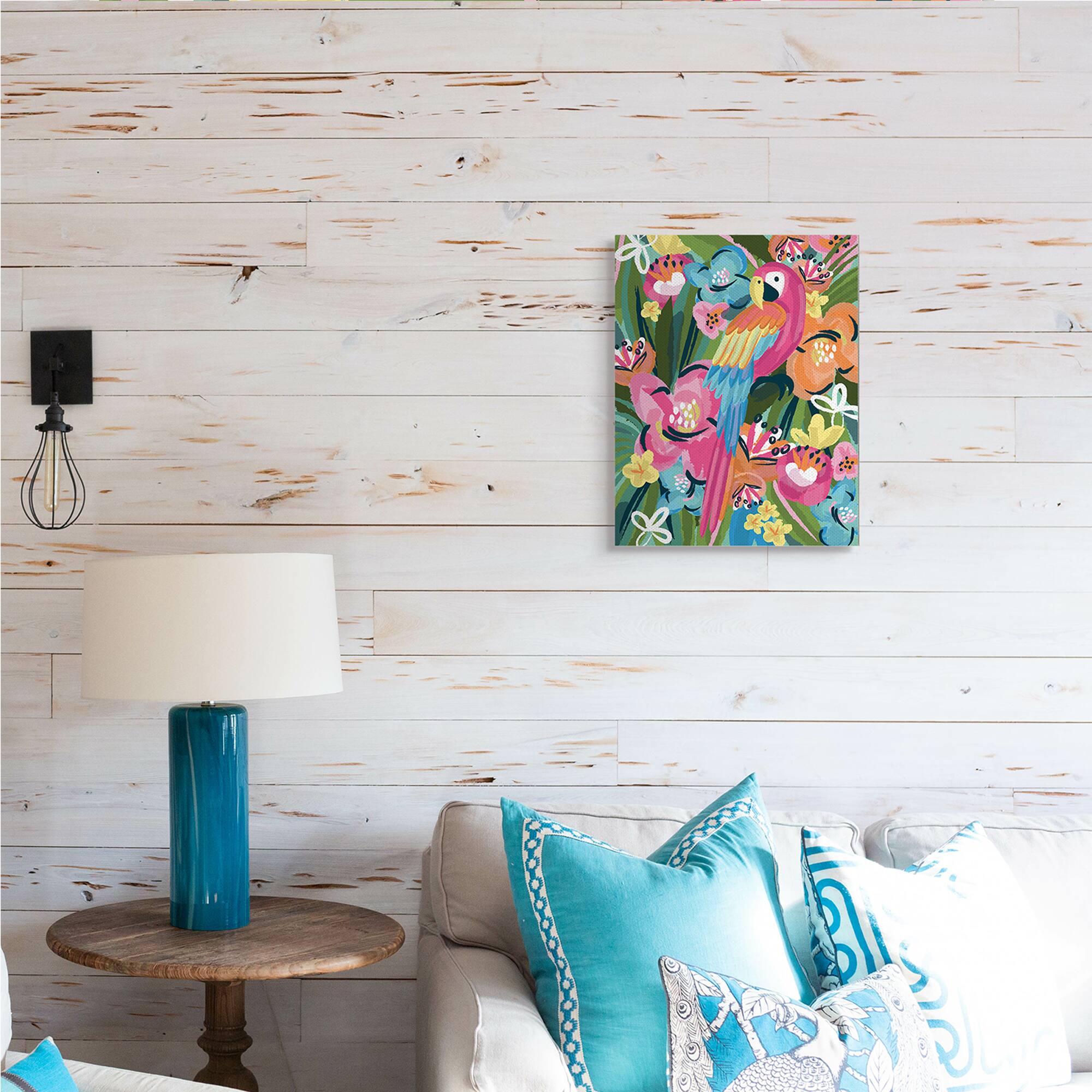 Stupell Industries Tropical Flowers and Parrot Whimsical Florals Canvas Wall Art
