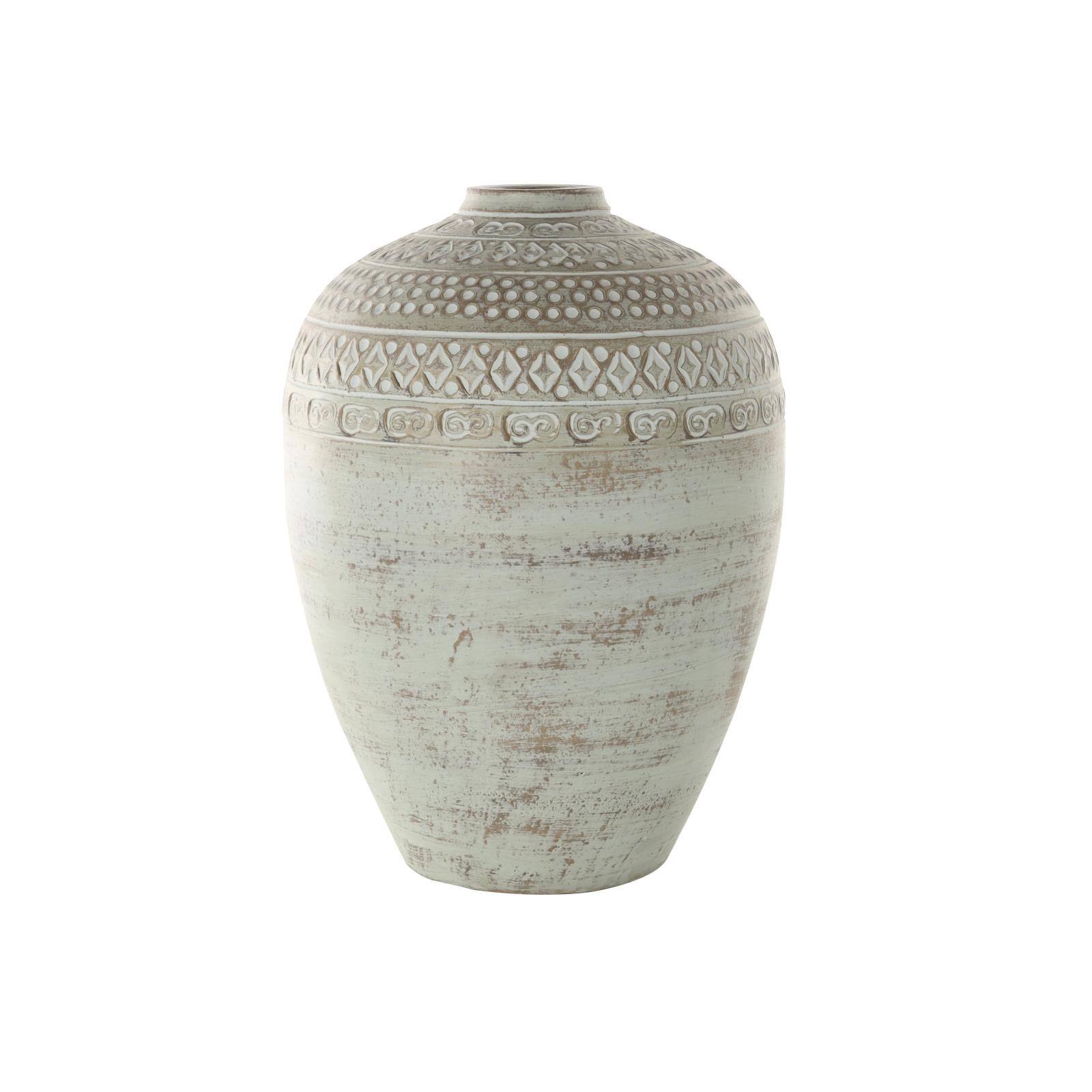 15.25" Green Ceramic Handmade Antique Style Decorative Vase with Geometric Tribal Carvings