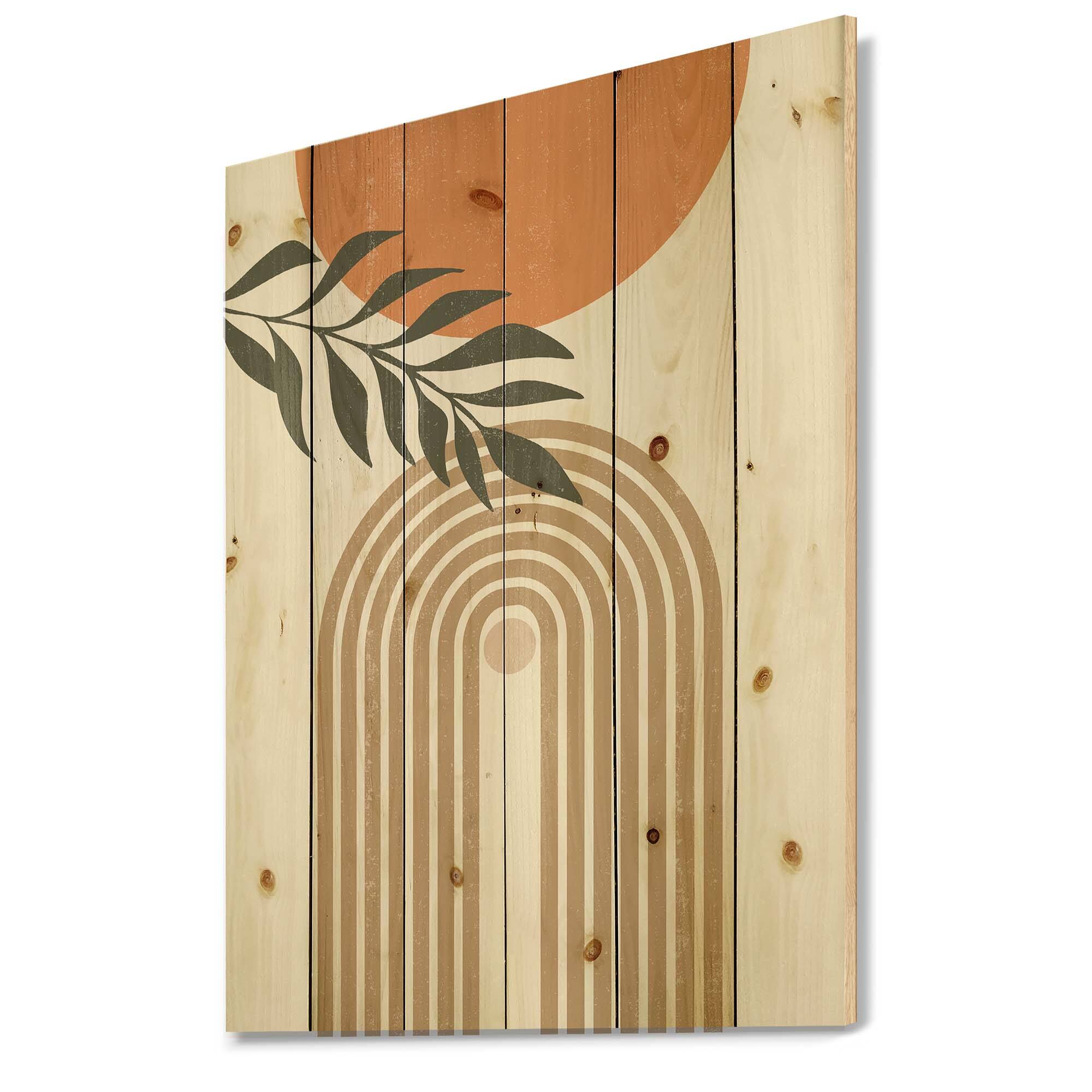 Designart - Abstract Sun Moon Leaves I - Modern Print on Natural Pine Wood