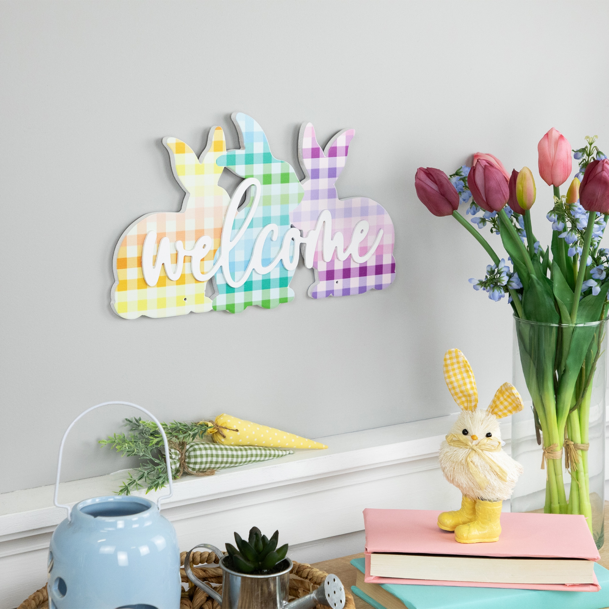 Pastel Gingham Easter Bunnies Welcome Wall Sign