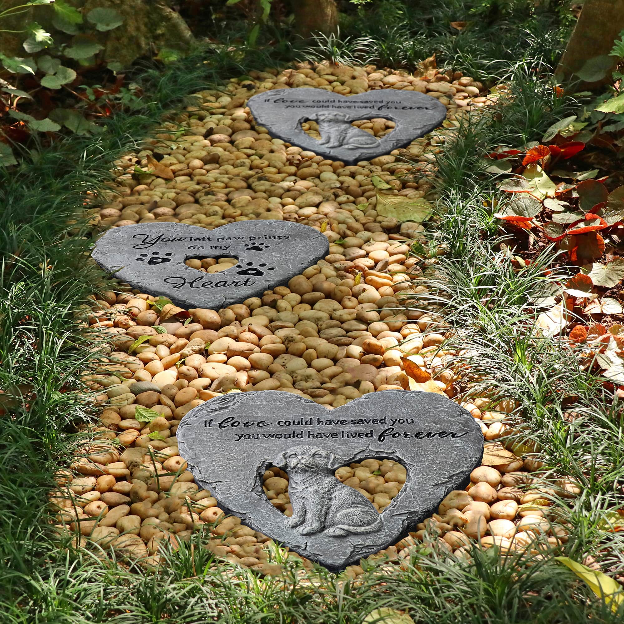 Glitzhome® 10" Set of 2 Cement Heart-Shaped Paw Prints and Dog Memory Stepping Stones