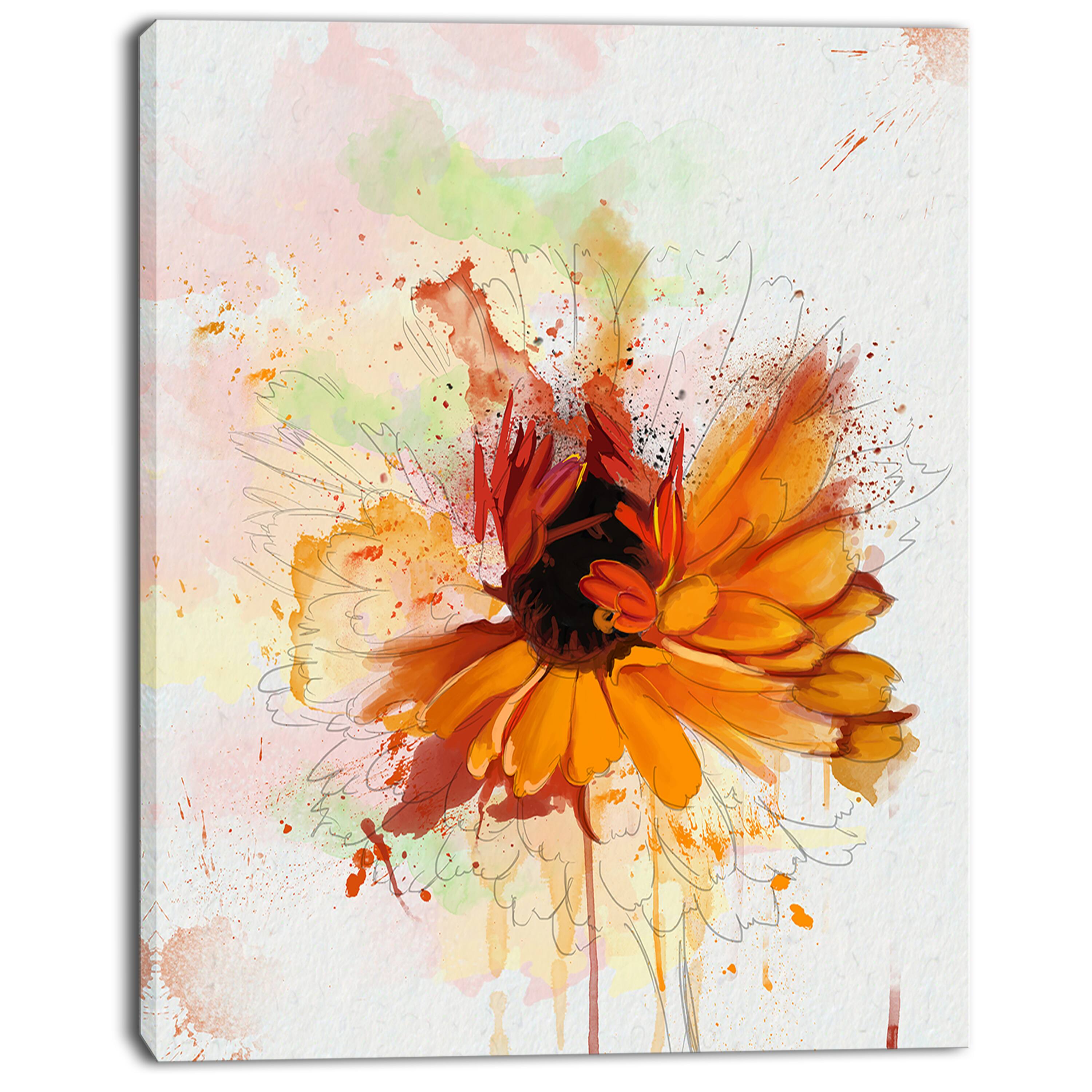 Designart - Sunflower Drawing with Paint Splashes - Floral Canvas Art Print