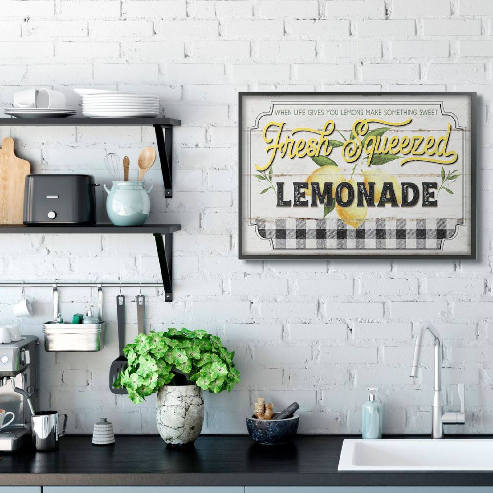 Stupell Industries White, Black, & Yellow Rustic Fresh Squeezed Lemonade Black Framed Wall Art