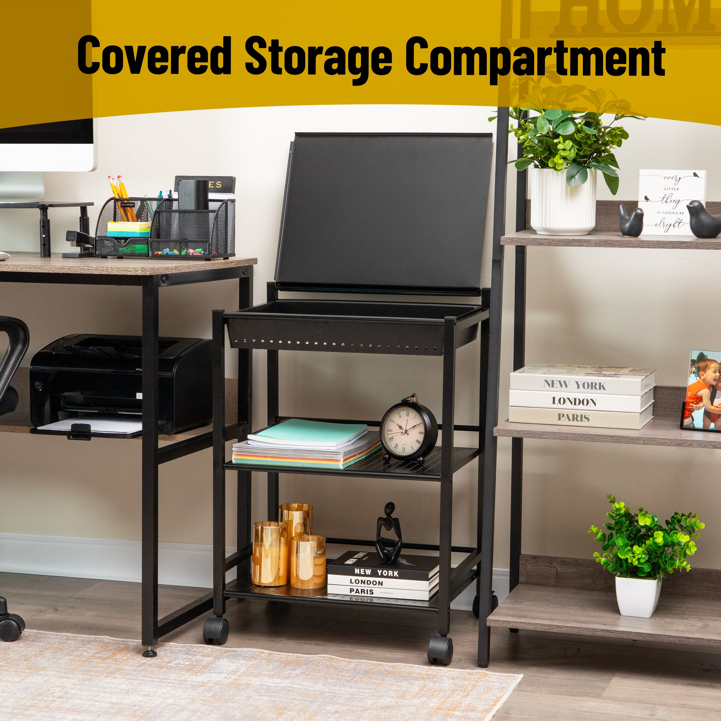 Mind Reader Cart with Covered Compartment, Office Organizer, Storage, 3-Tier, Office, Metal, Black
