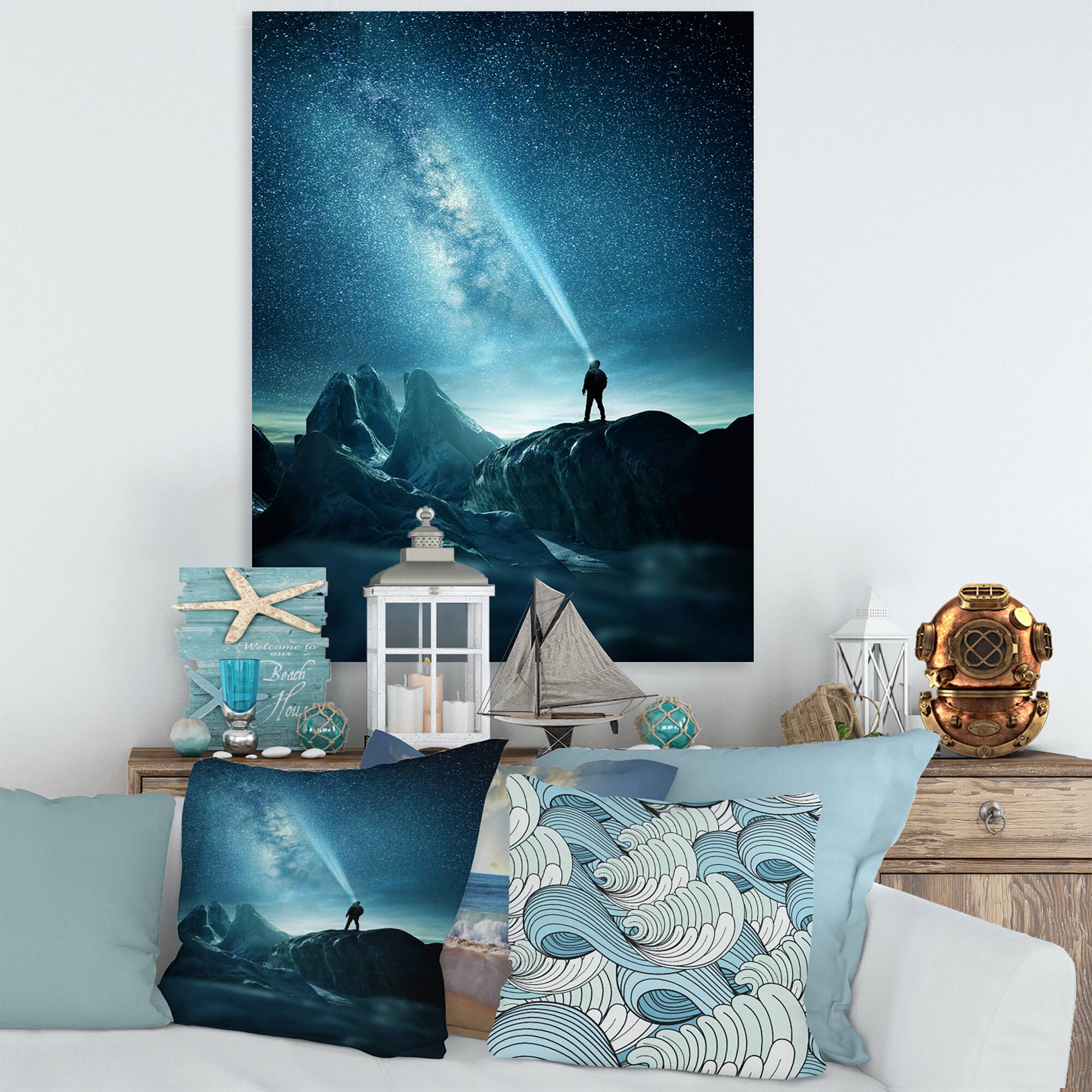 Designart - A Man Shining A Light Into The Night Sky - Modern Canvas Wall Art Print