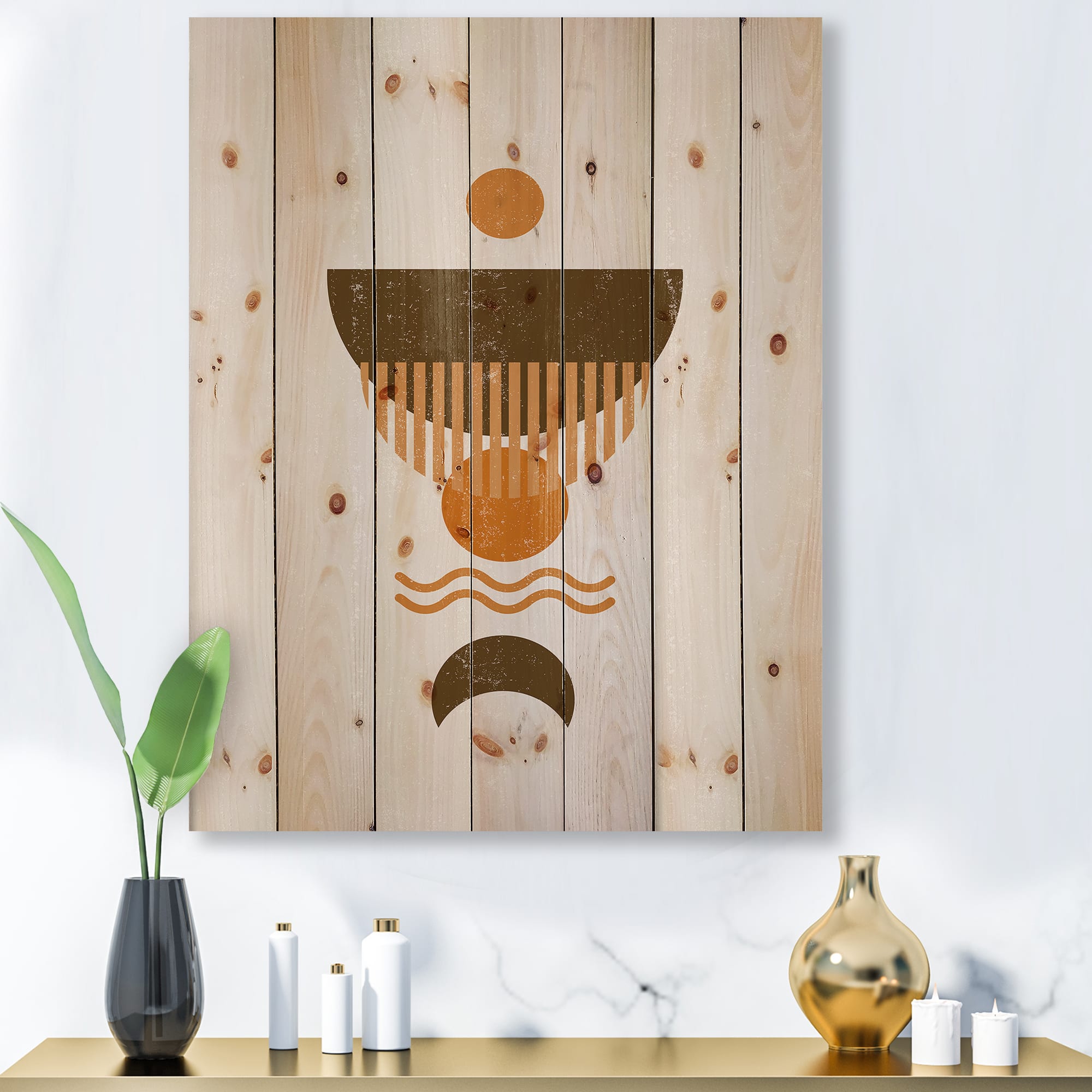Designart - Abstract Minimal Orange Sun and Brown Moon