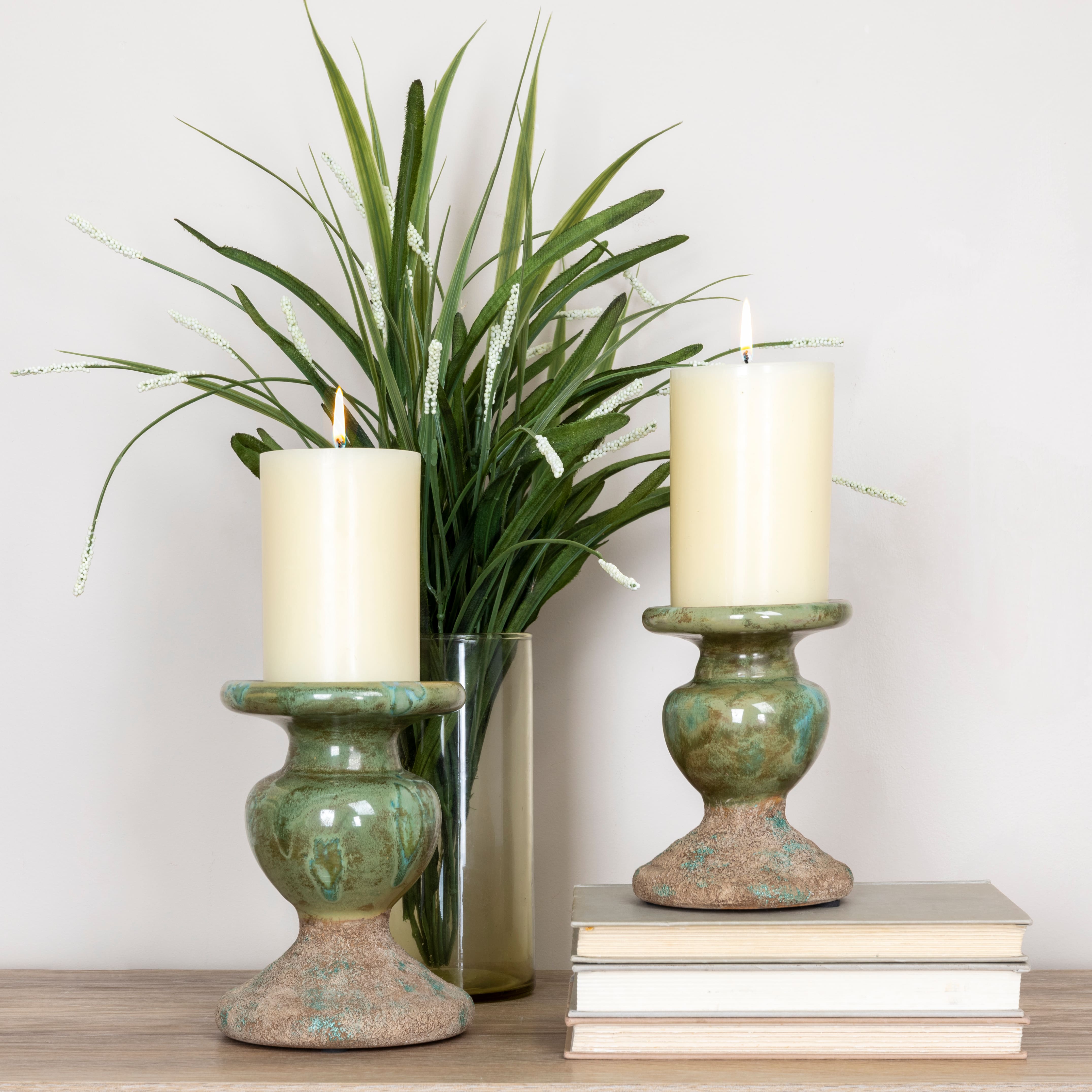 Hello Honey® Distressed Green 2-Tone Sculptural Terracotta Pillar Candle Holder