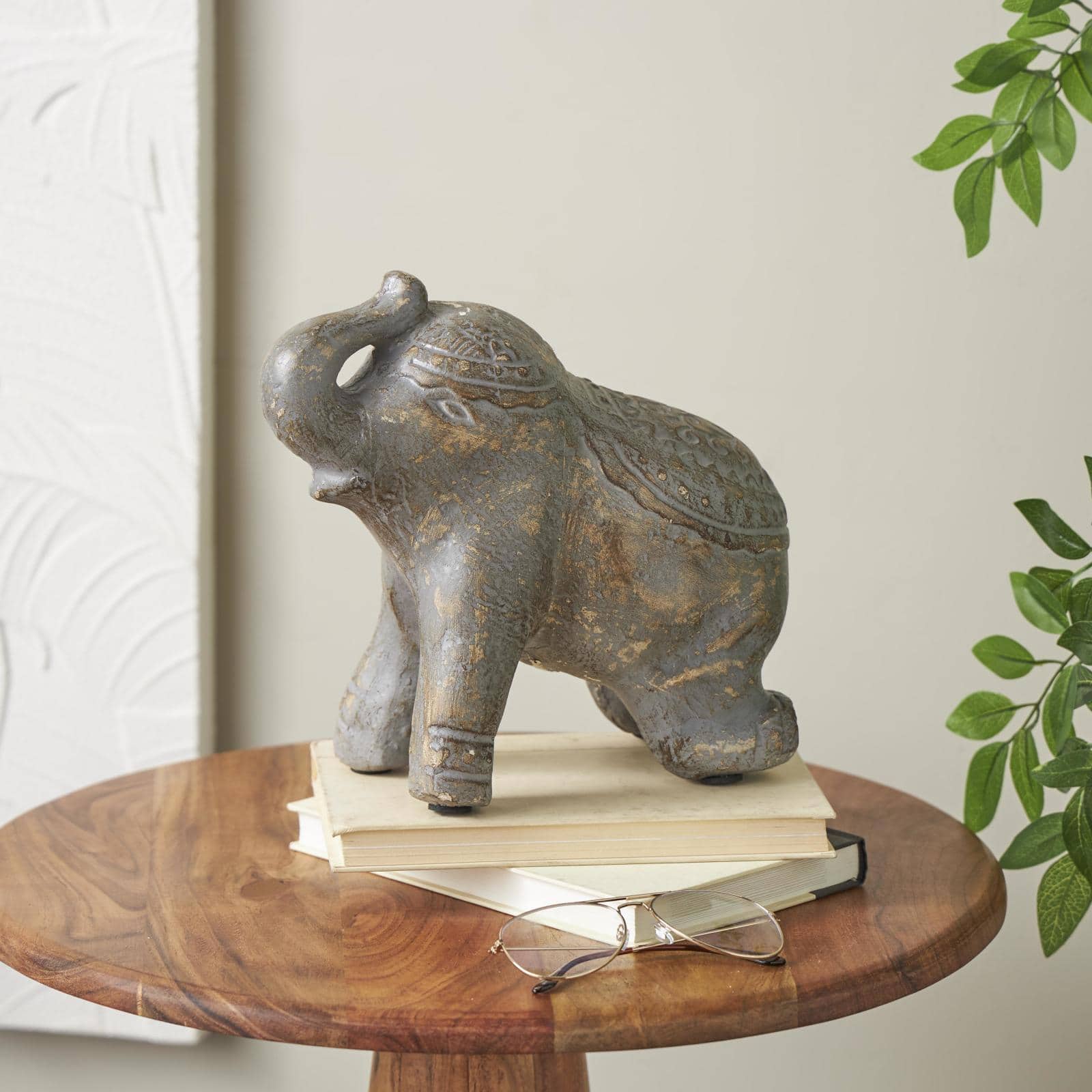 10.5" Dark Gray & Brown Handmade Distressed Paper Mache Elephant Sculpture