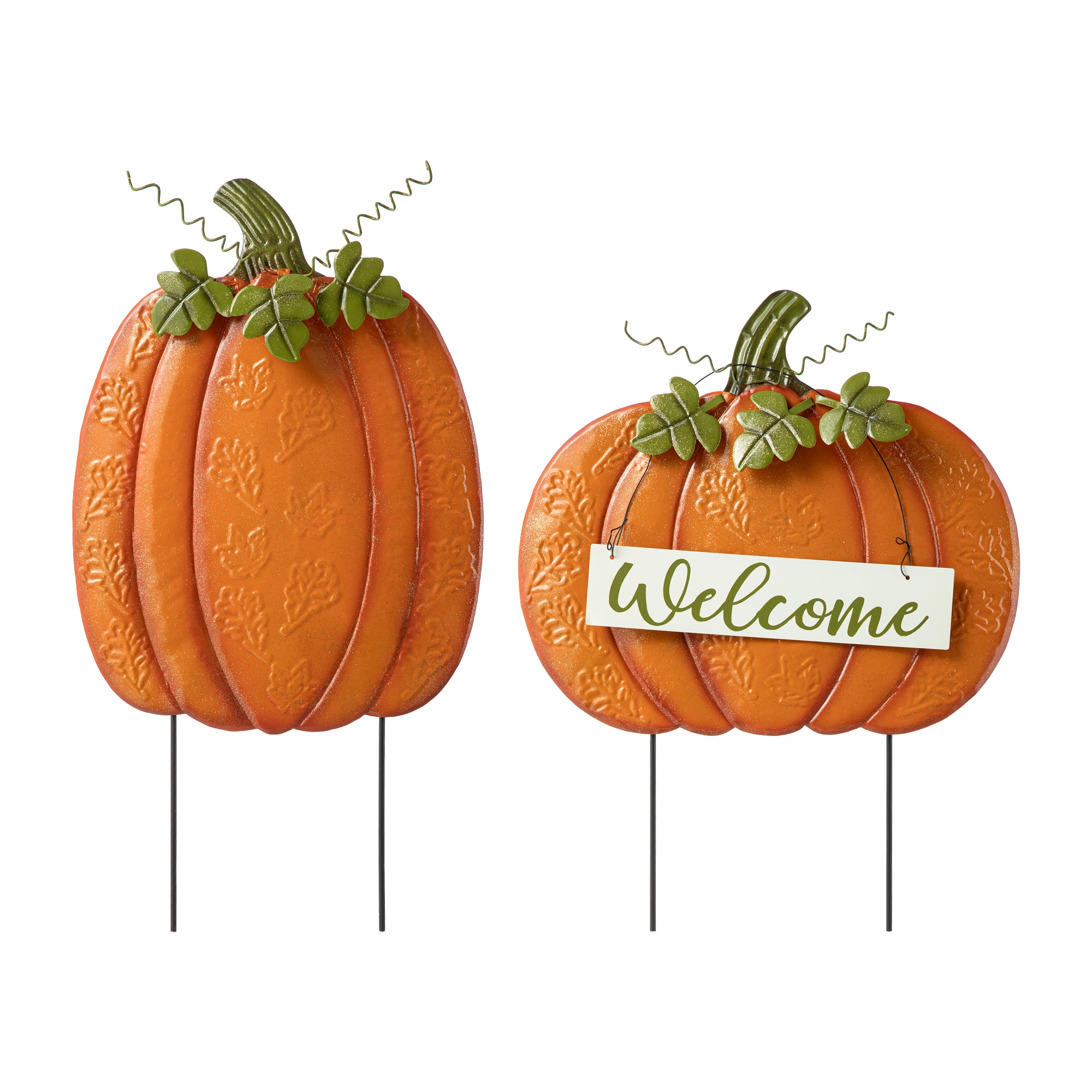 Glitzhome® 2ft. Fall Metal Embossed Glitter Pumpkin Yard Stake, 2ct.