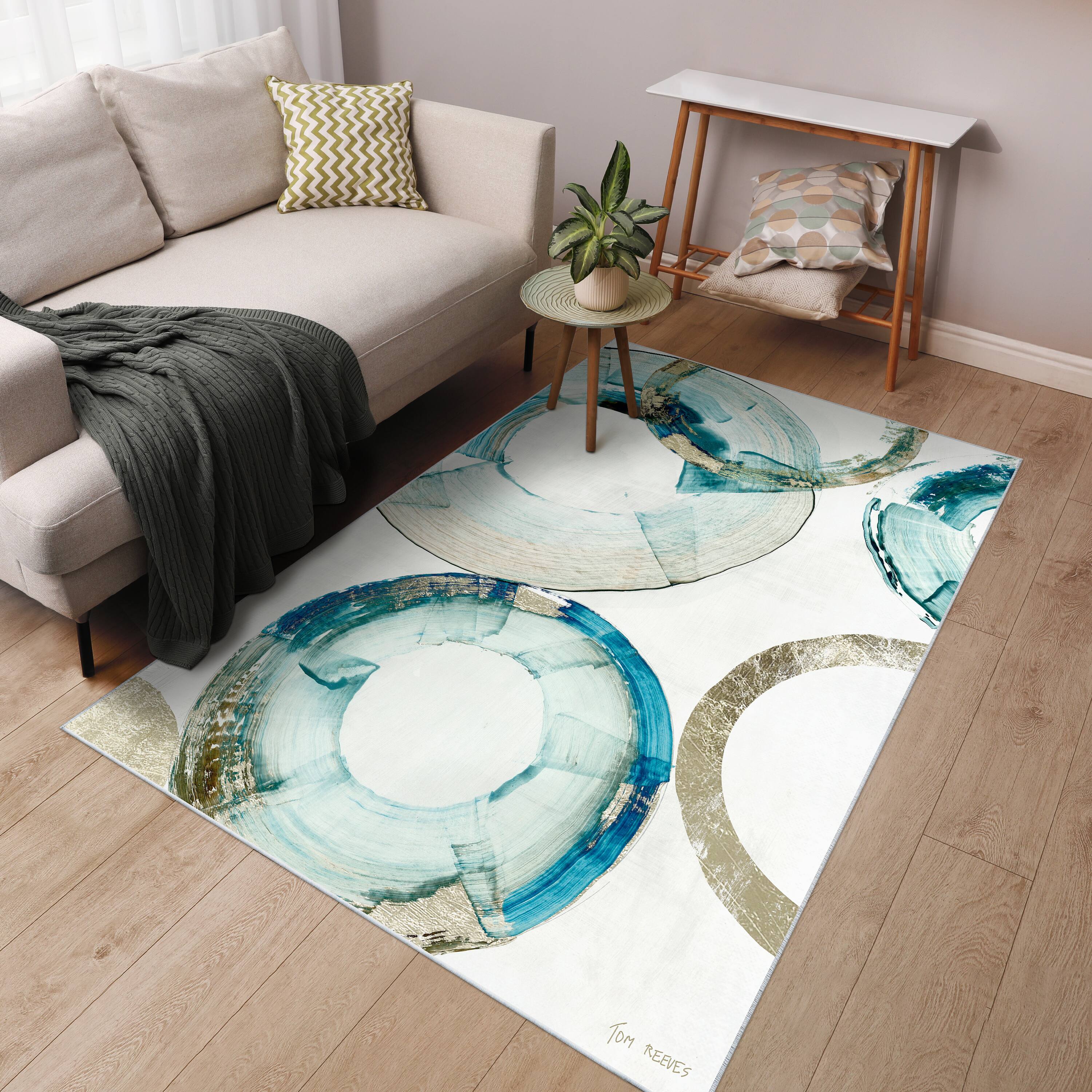 Empire Art Direct 5ft. x 7.5ft. Blue & Gold Rings Area I Tapis D'Art Washable Geometric Area Rug
