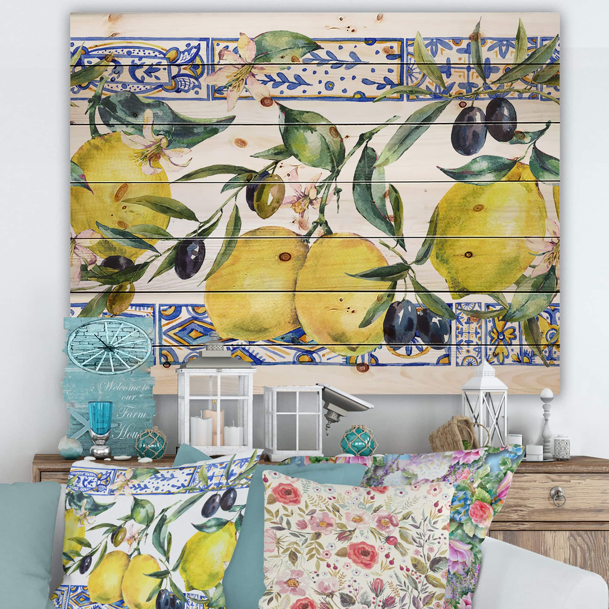 Designart - Lemon Ornament On Blue Geometrical Pattern II