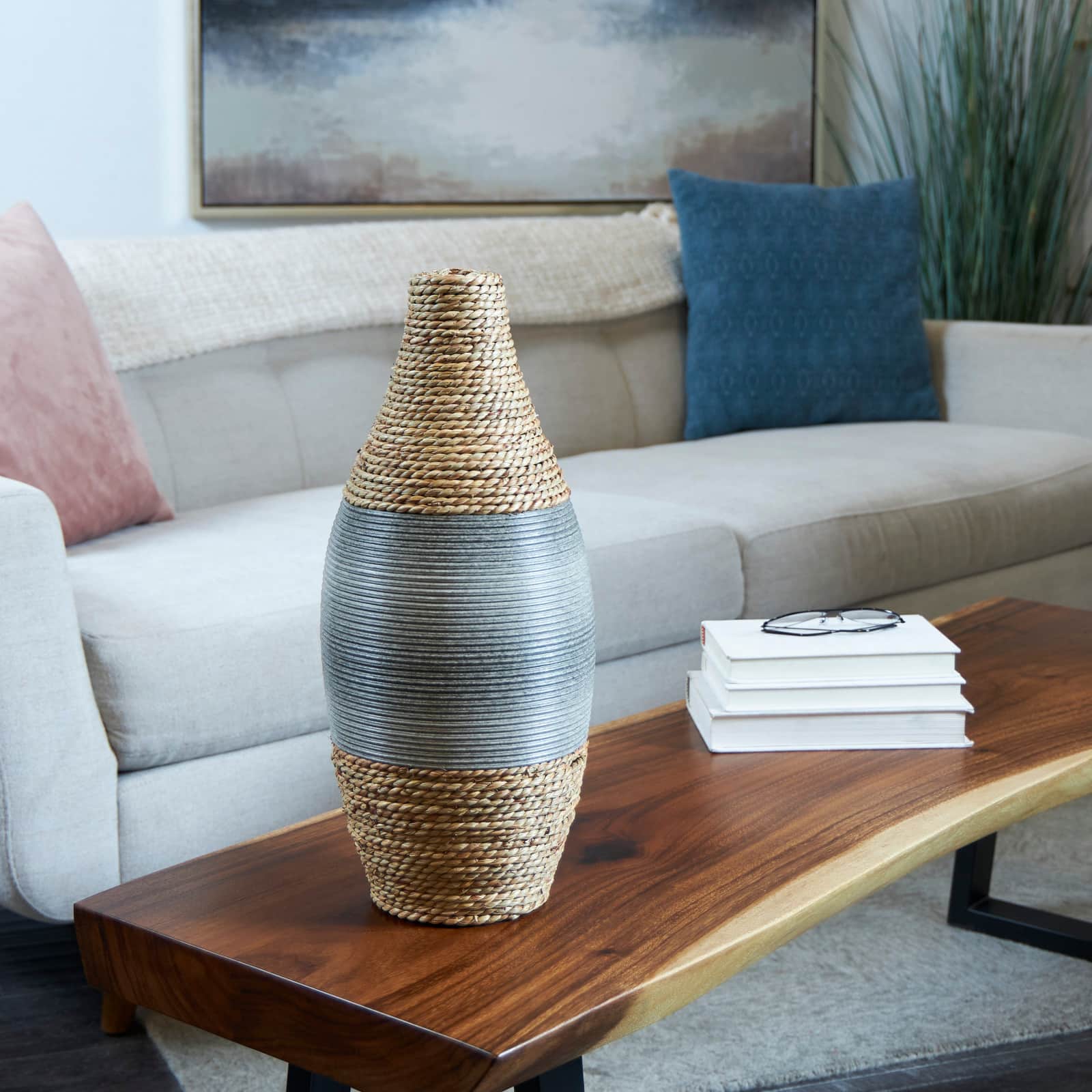 19" Brown Seagrass Handmade Wrapped Vase with Layered Gray Paneling