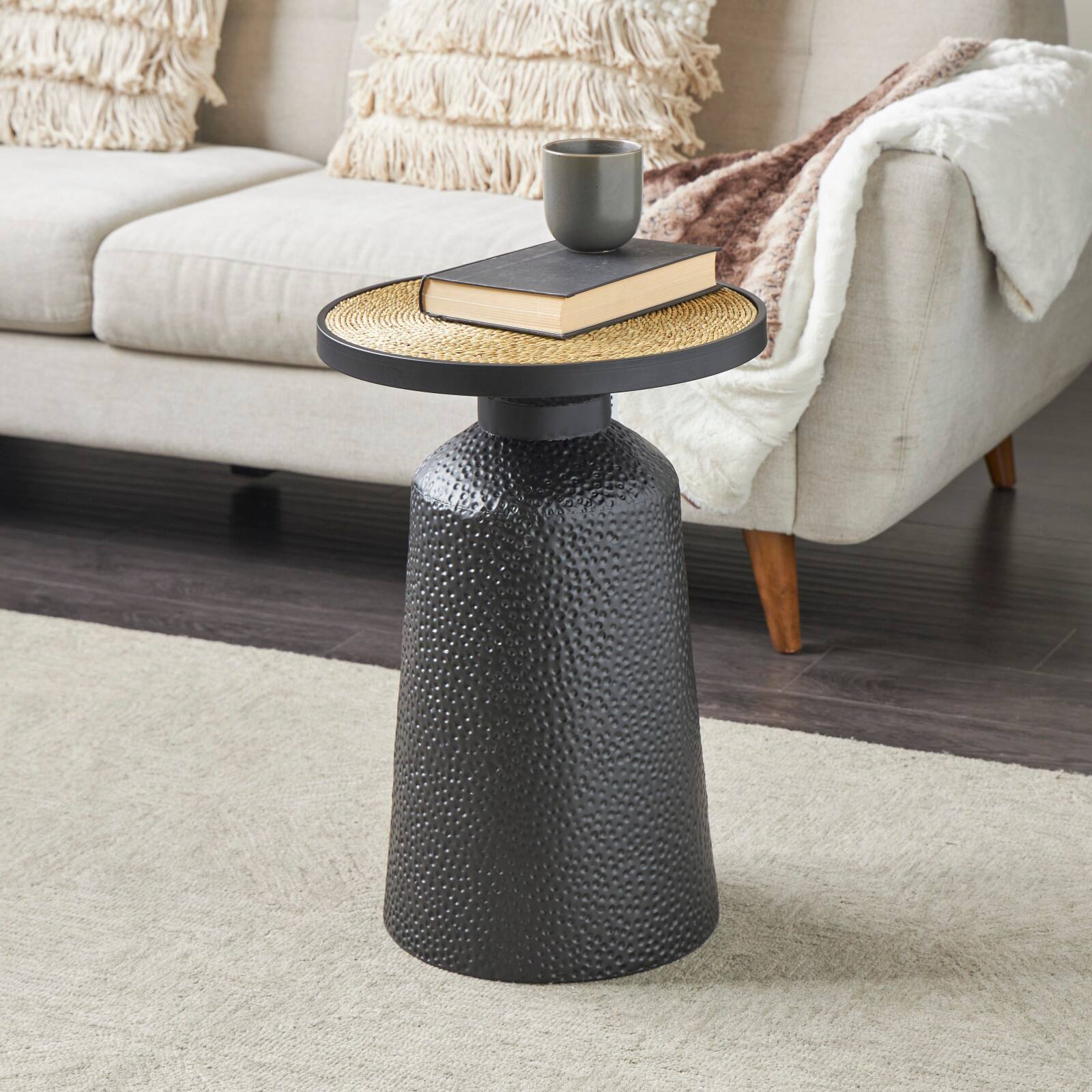 22.25" Black Metal Handmade Accent Table with Rope Tabletop
