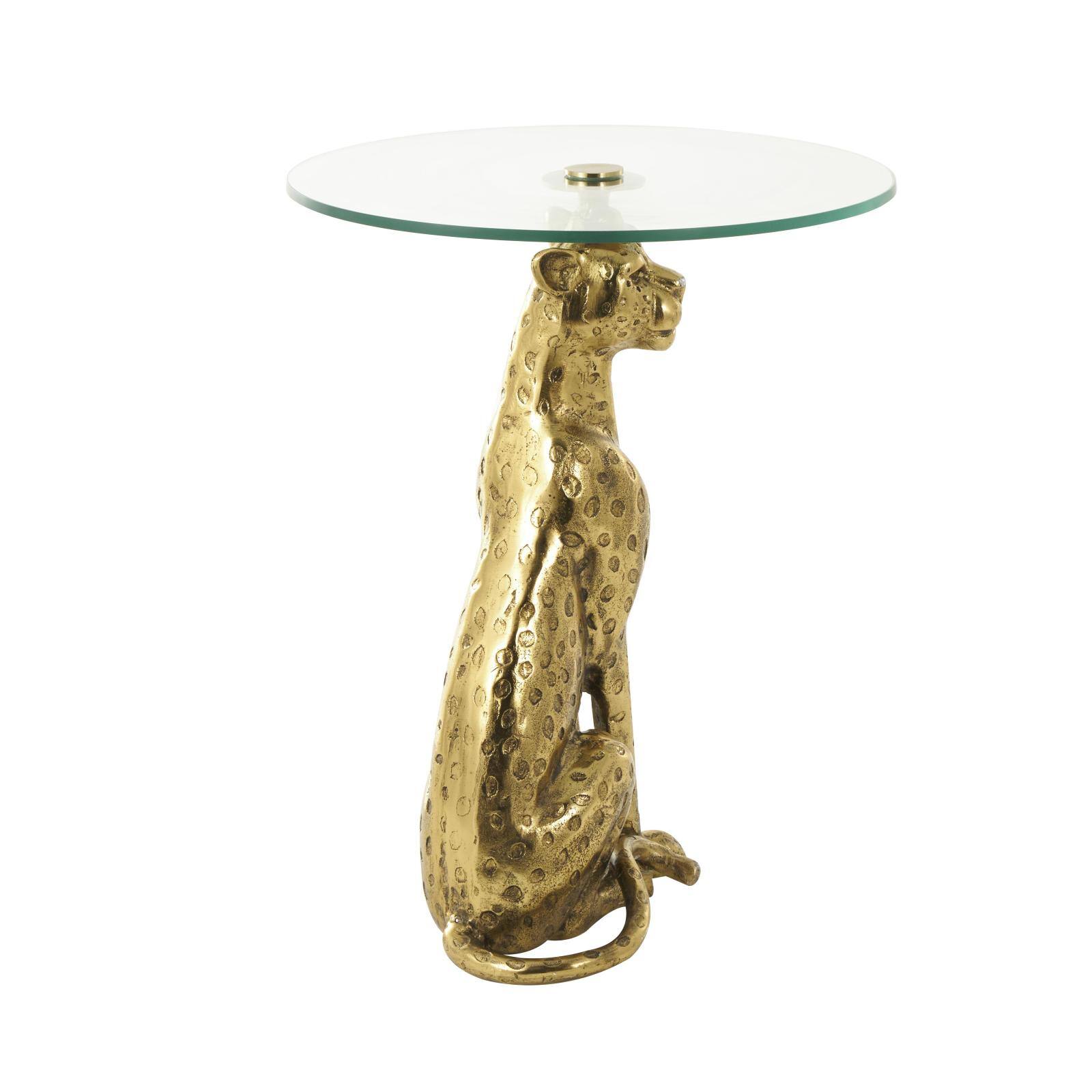25" Gold Aluminum Leopard Spotted Sitting Accent Table with Glass Tabletop