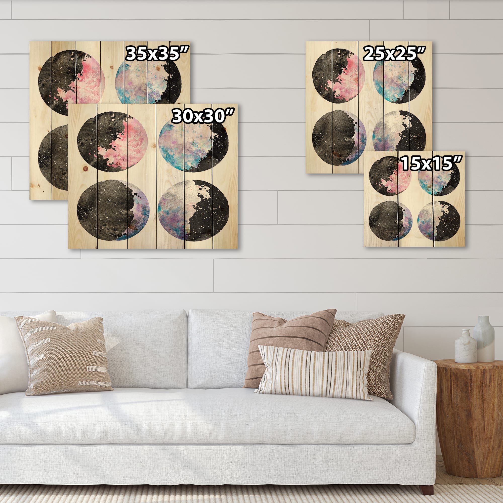 Designart - Moon Phases With Stars and Sky - Bohemian & Eclectic Print on Natural Pine Wood