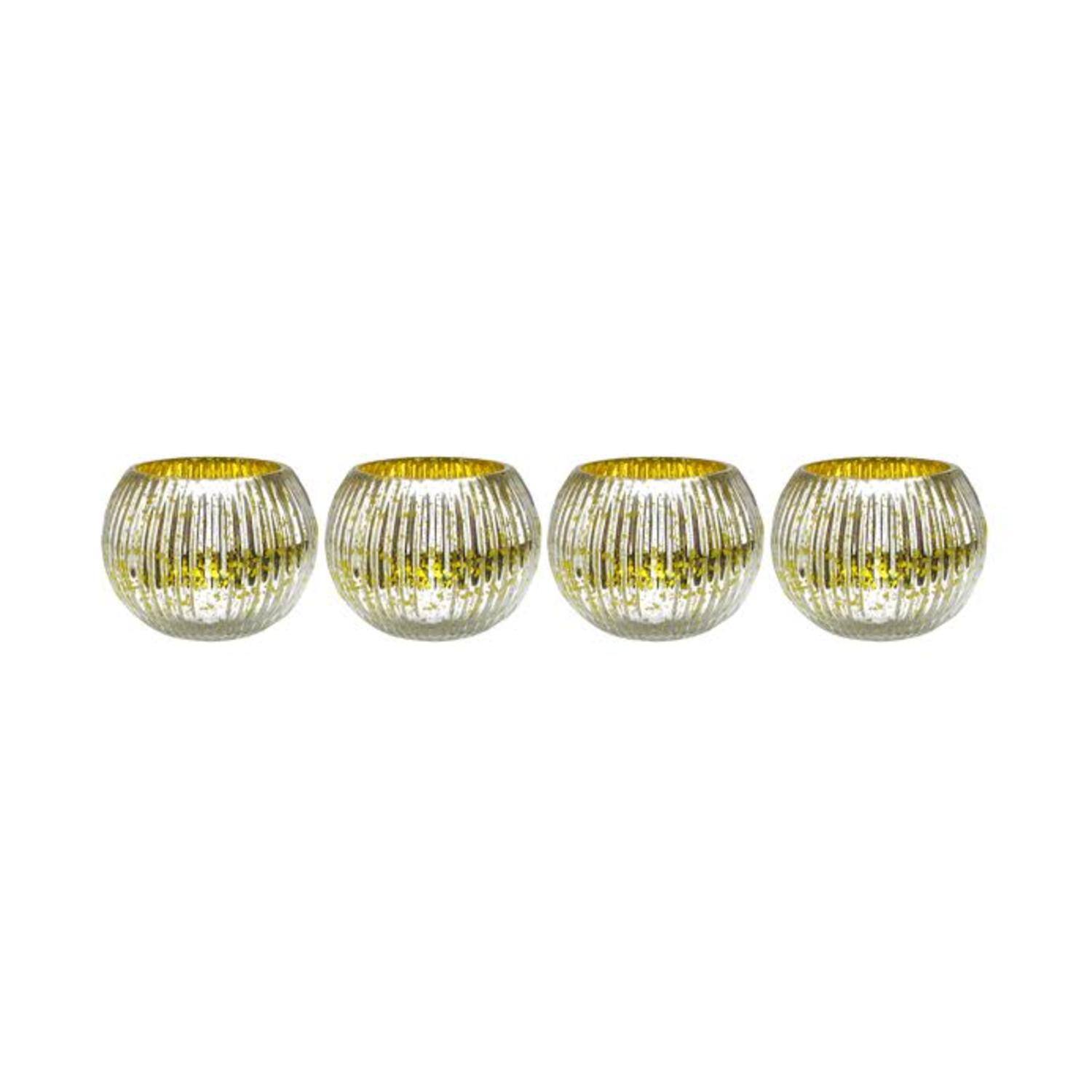 3.25" Yellow & Silver Ribbed Round Mercury Glass Votive Candle Holders, Set Of 4