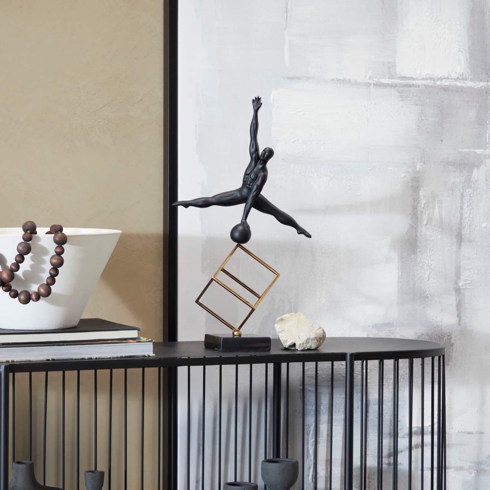 19" Black Marble Gymnast with Gold Cube Sculpture
