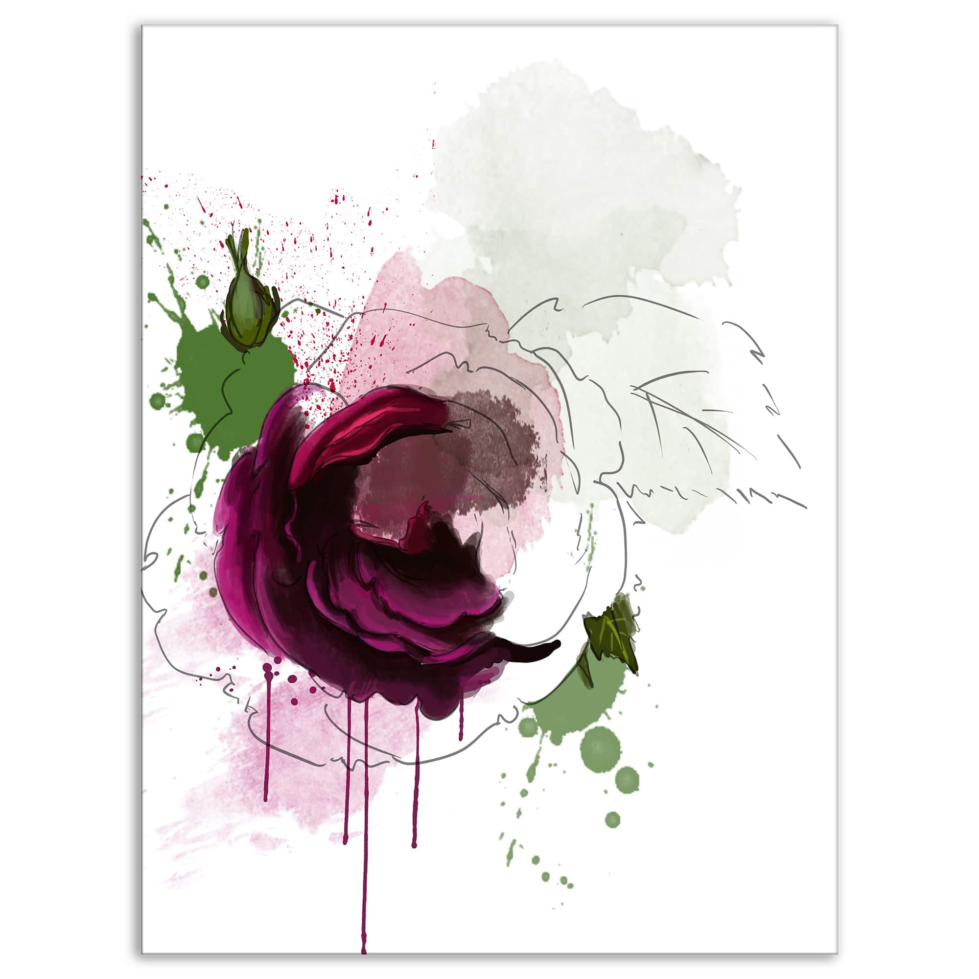 Designart - Purple Rose Sketch Watercolor - Floral Canvas Art Print