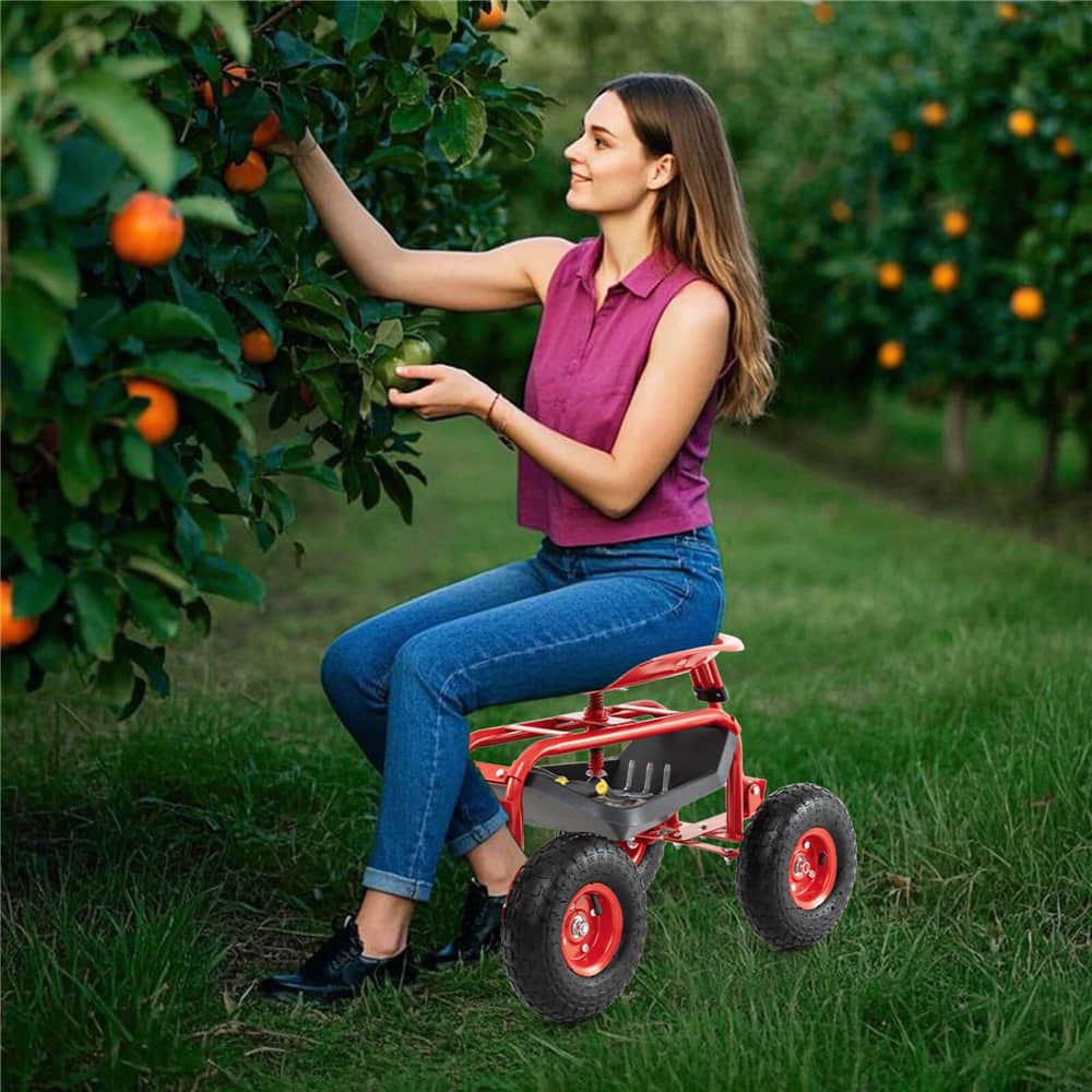 Costway Garden Cart Patio Wagon Roll Work Seat with Tray Basket Extendable Handle