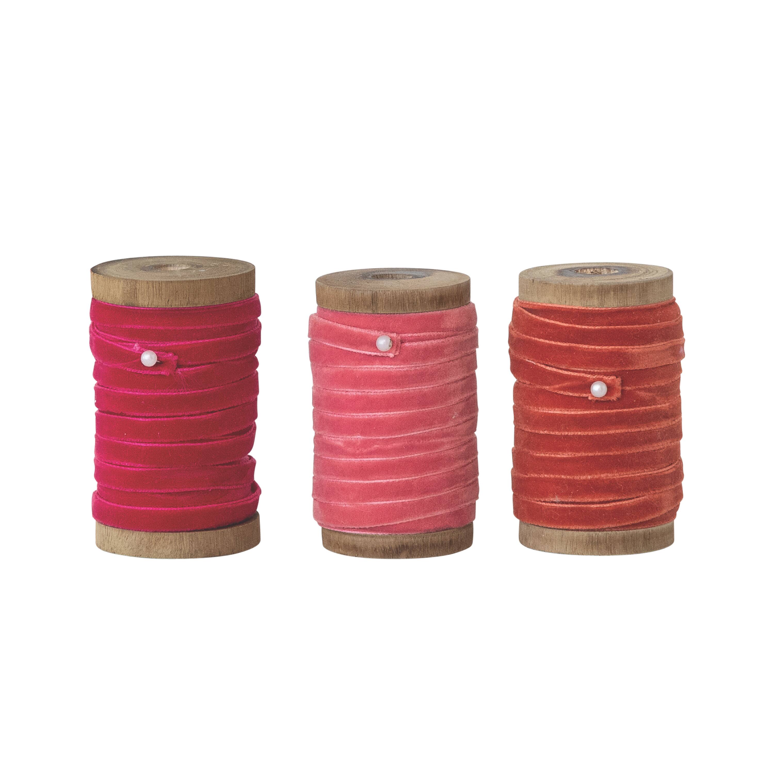 Hello Honey® Velvet Ribbon on Mango Wood Spool Set, Magenta, Rust, and Bubblegum Pink.