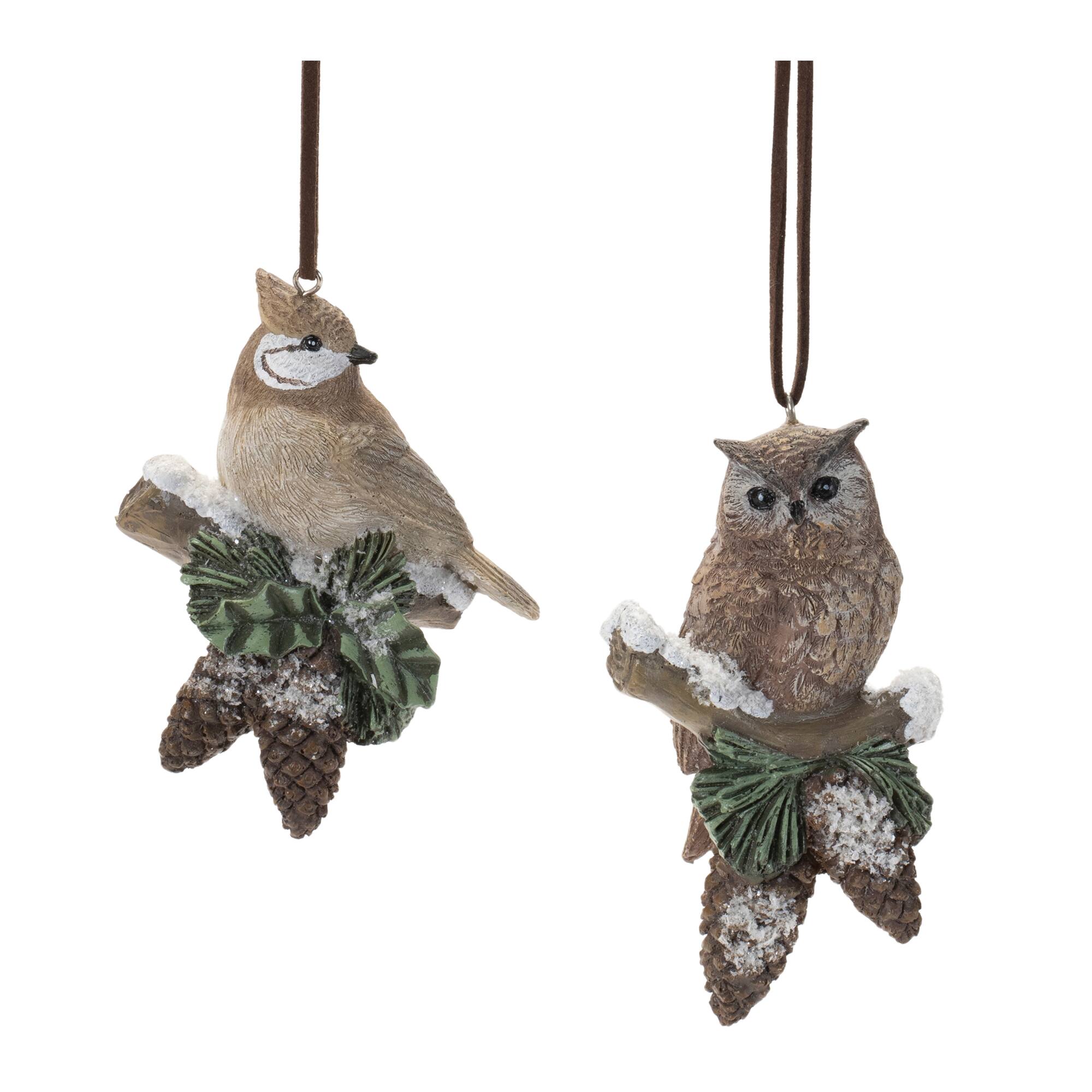 Snowy Cardinal Bird & Owl Ornament Set