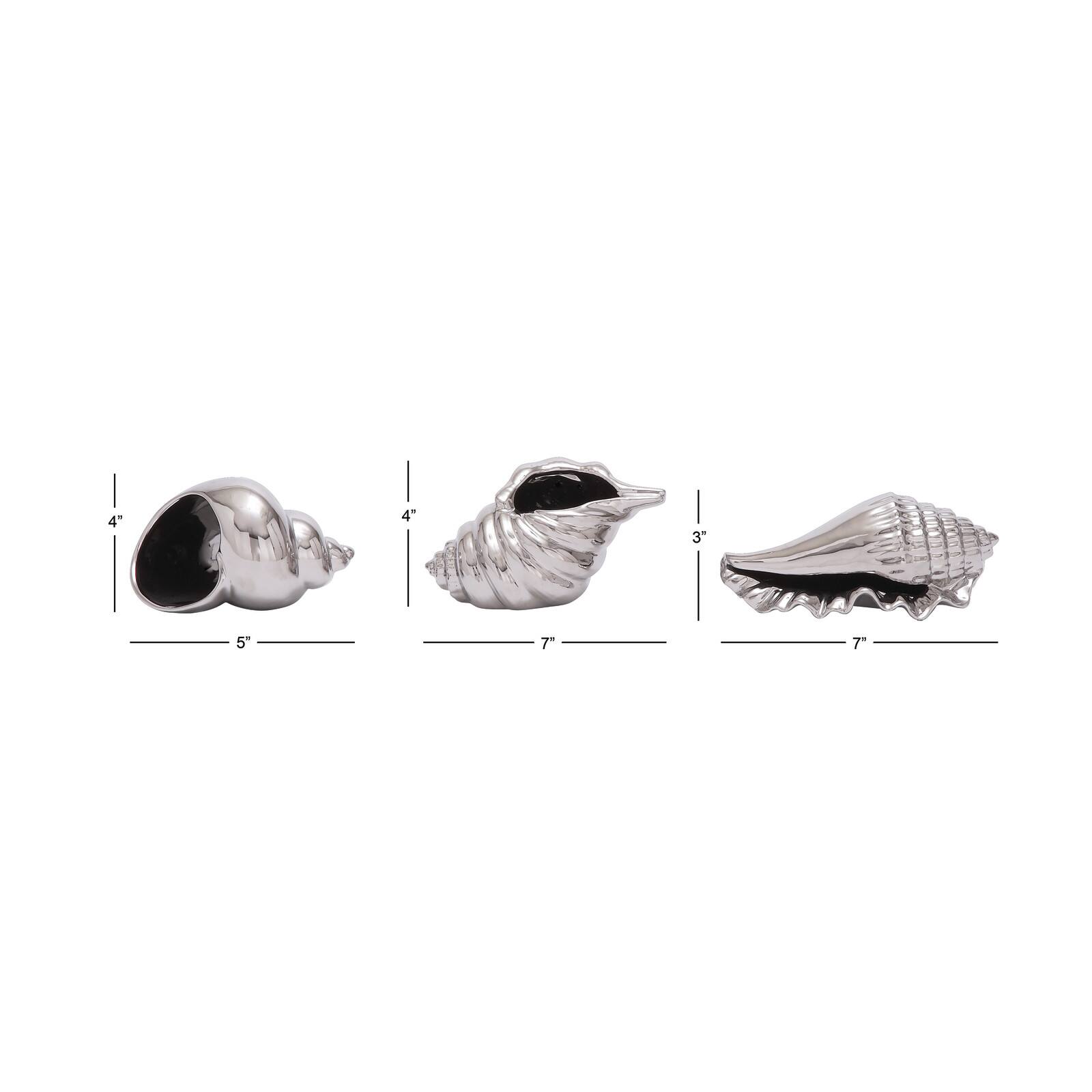 Set of 3 Silver Ceramic Coastal Shell Sculpture, 8", 7", 6"