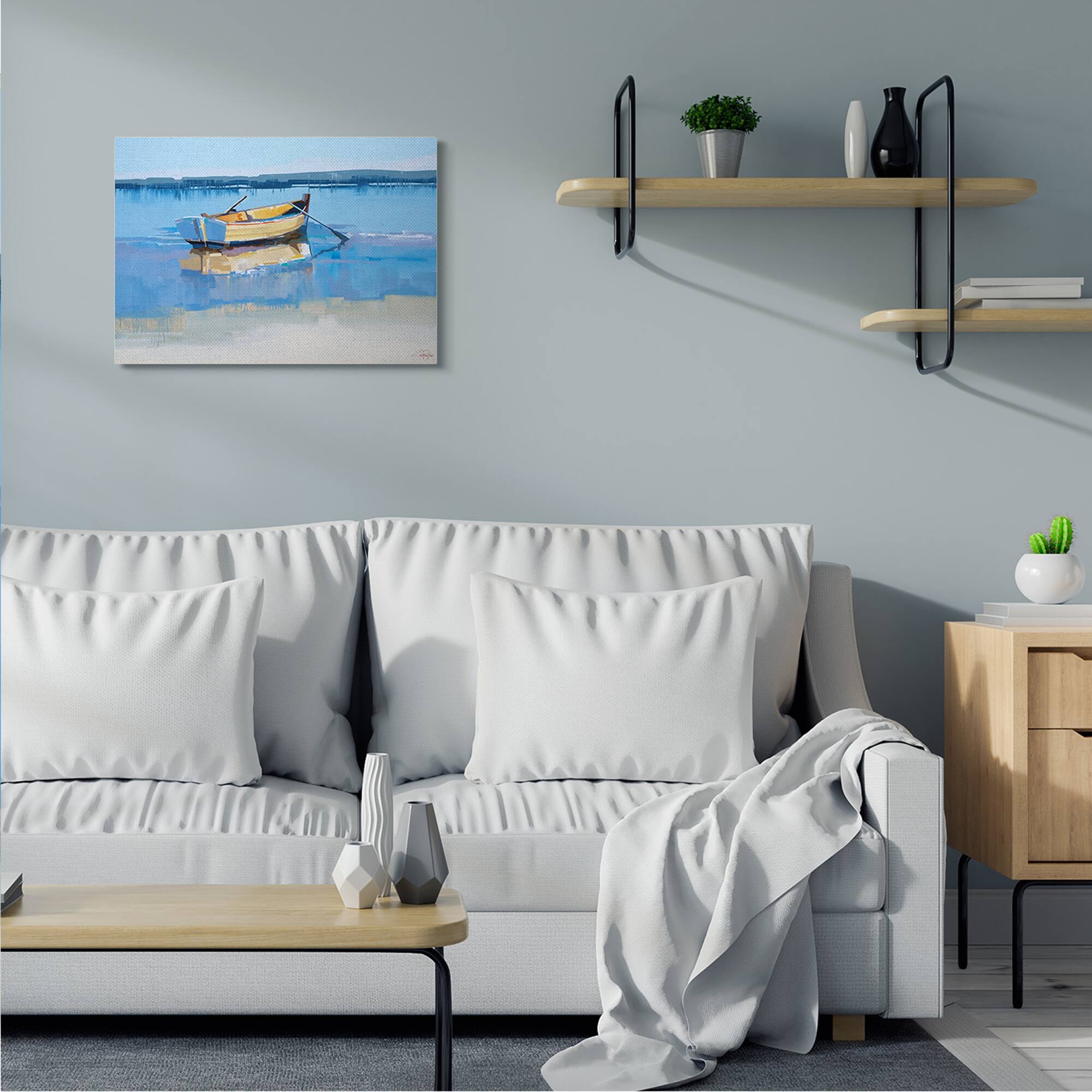 Stupell Industries Row Boat on Blue Coastal Shore Beach Landscape Canvas Wall Art