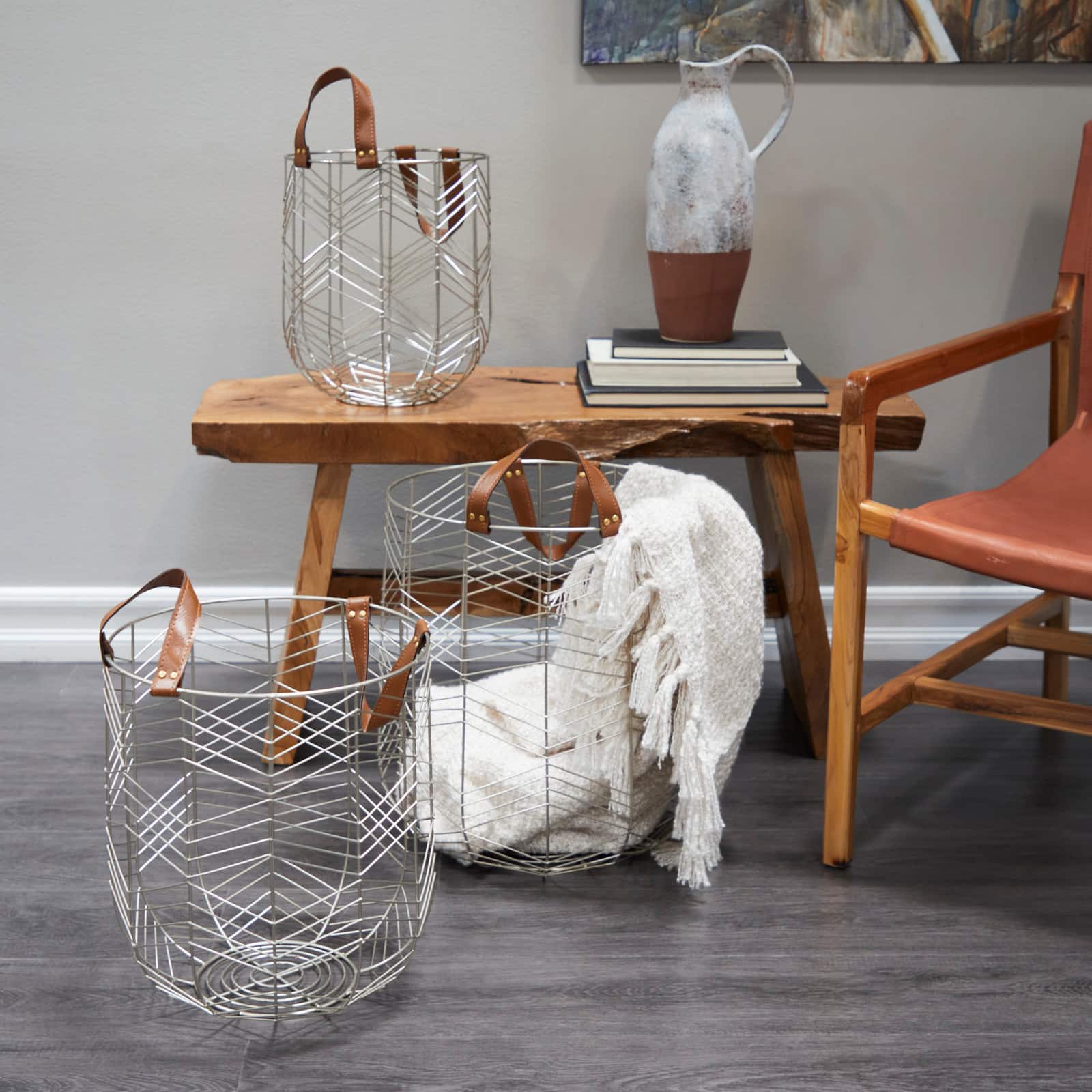 CosmoLiving by Cosmopolitan Silver Metal Storage Basket with Faux Leather Handles Set of 3 16", 14", 12"