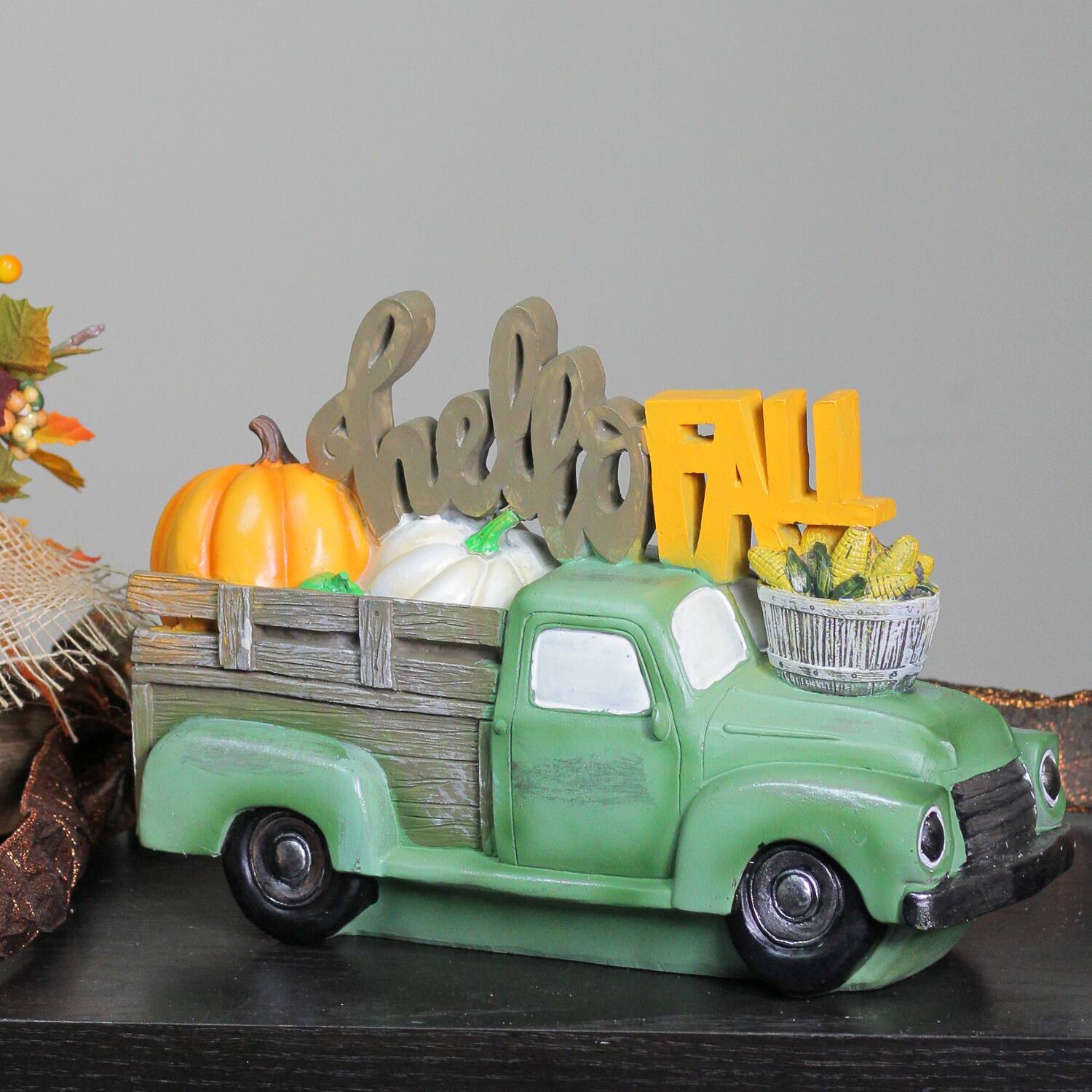 11.25" Green Hello Fall Truck Tabletop Décor