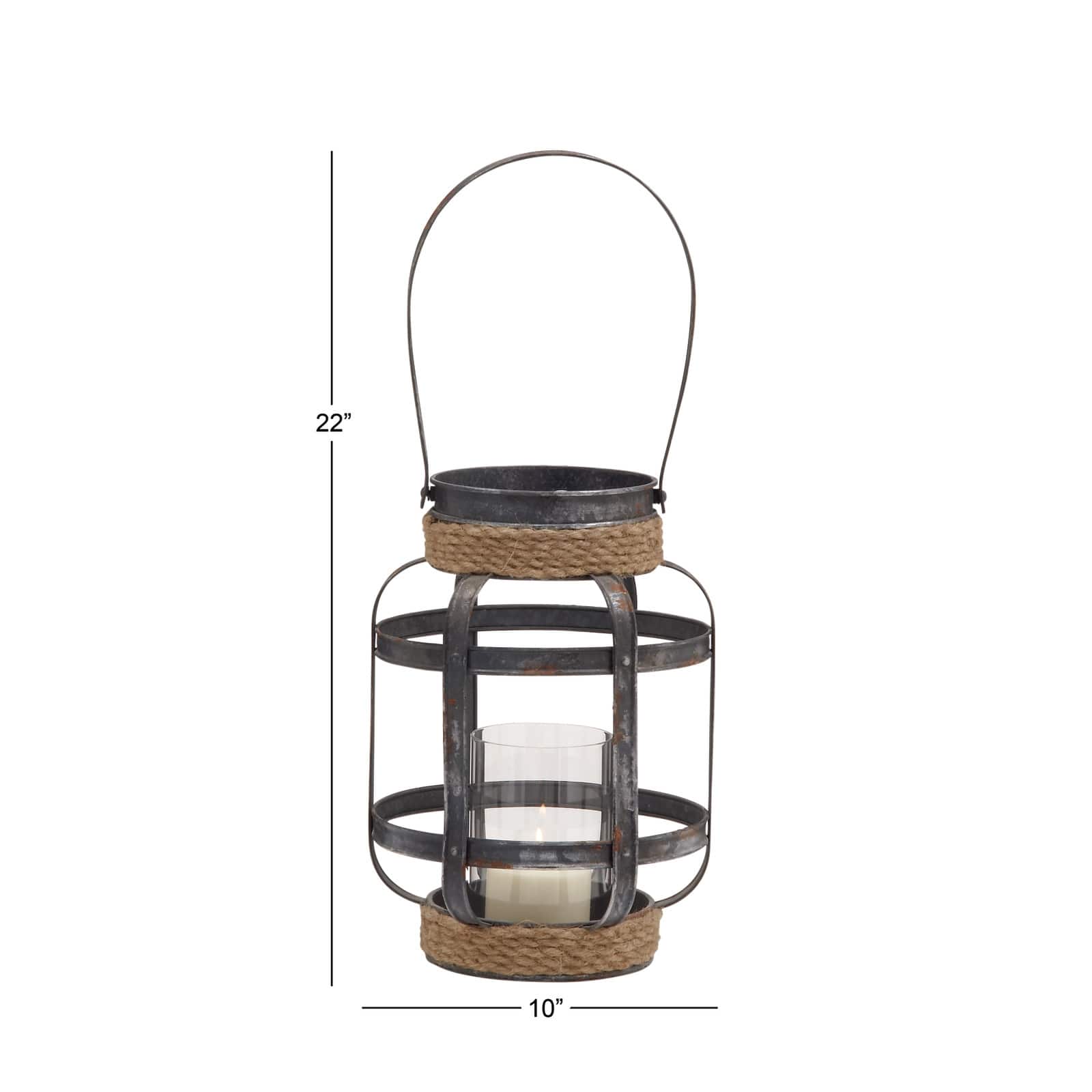 Grey Iron Industrial Candle Holder Lantern, 13" x 10" x 10"