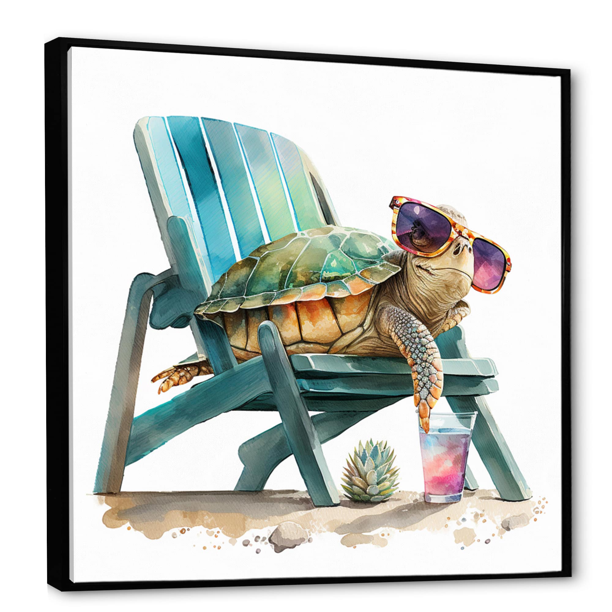 Designart 'Turtle Laying On A Beach Chair With Sunglasses I' Animals Framed Canvas Wall Art