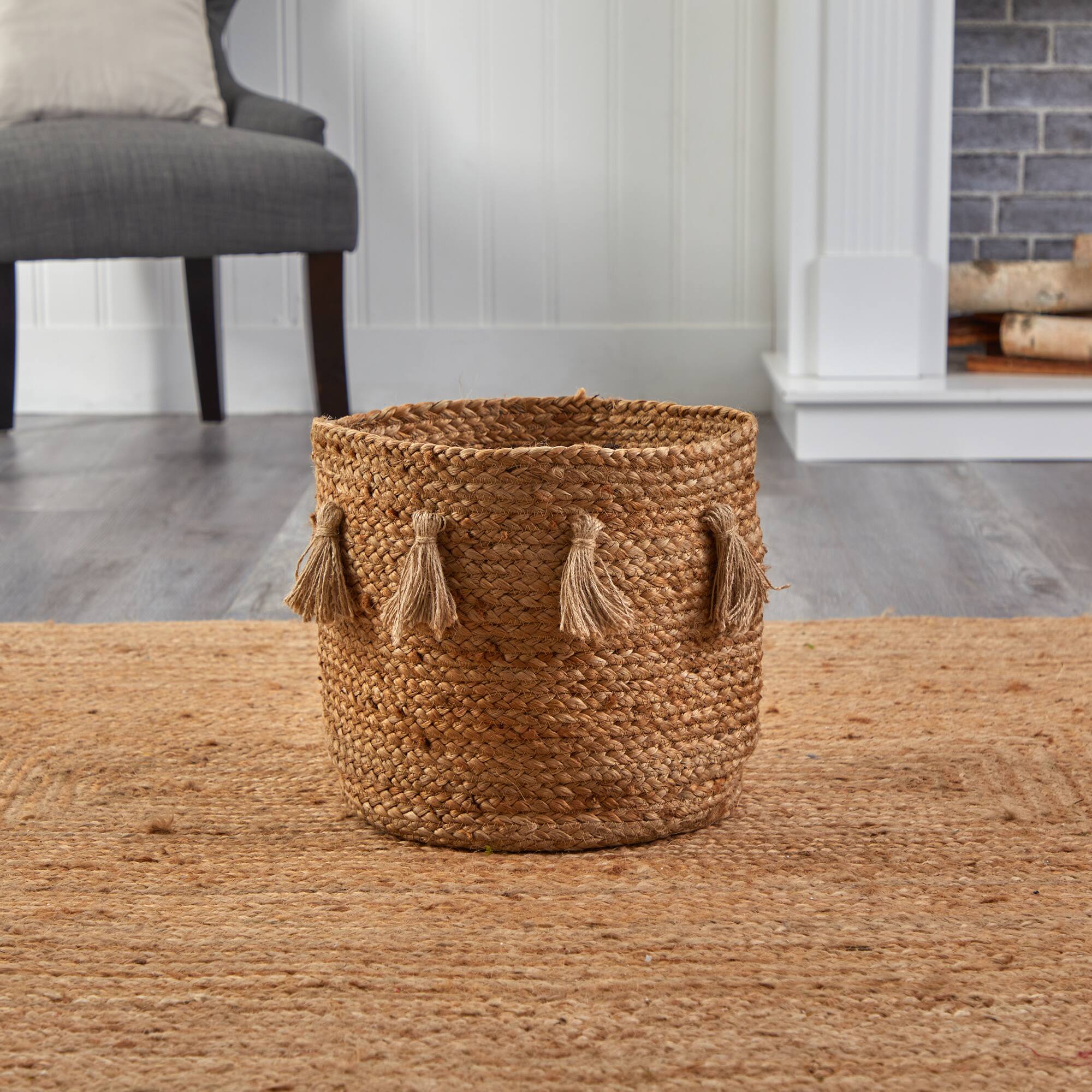 12.5'' Natural Hand-Woven Jute Boho Chic Basket Planter with Tassels