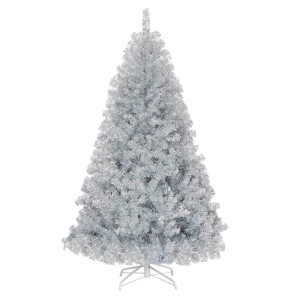 Costway 6ft. Unlit Artificial Silver Tinsel Hinged Christmas Tree with Metal Stand