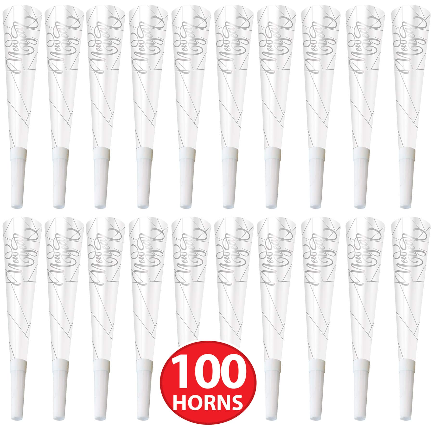 Beistle 9" White & Silver New Year Horns, 100ct.