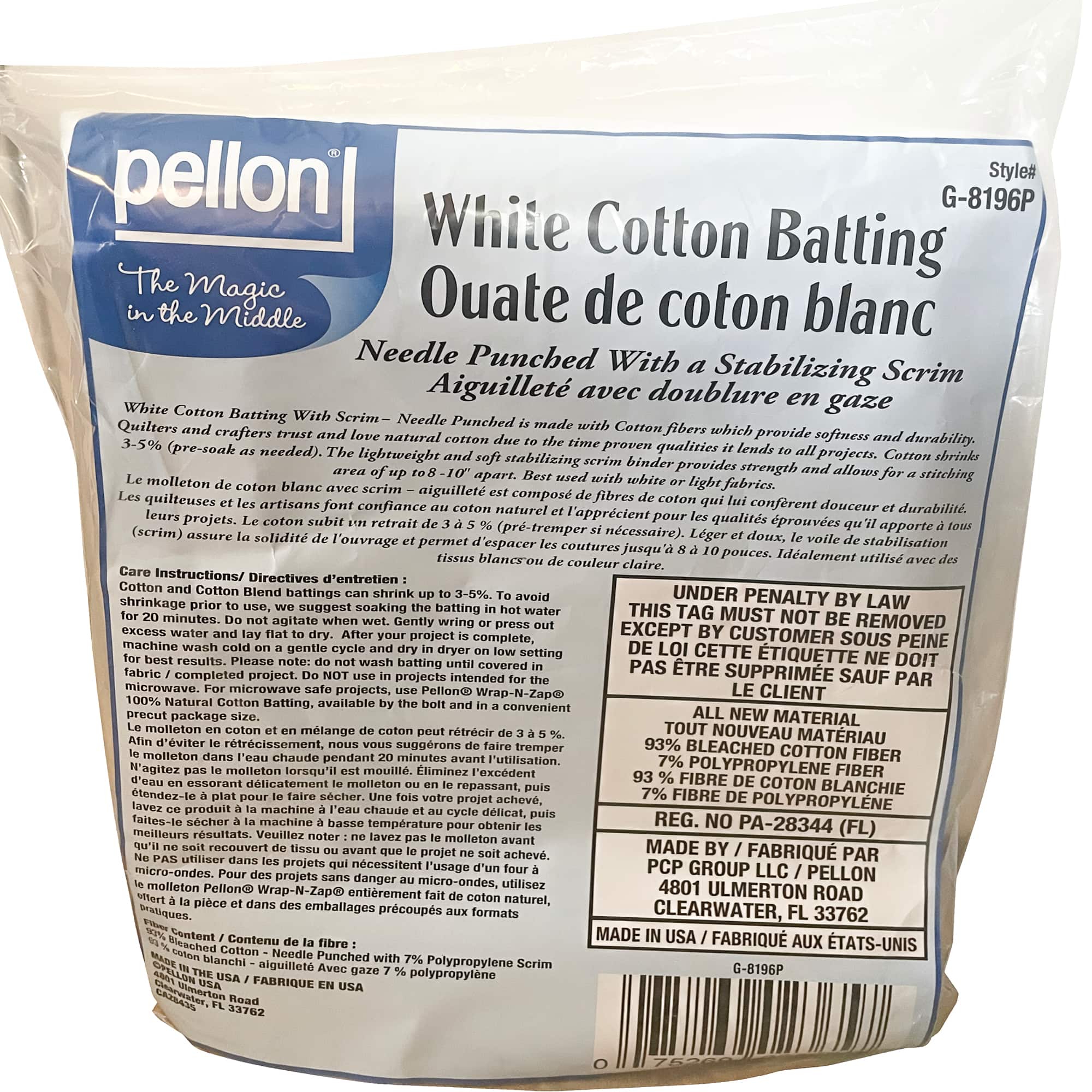 Pellon® 81" x 96" Full Size White Cotton Batting with Scrim