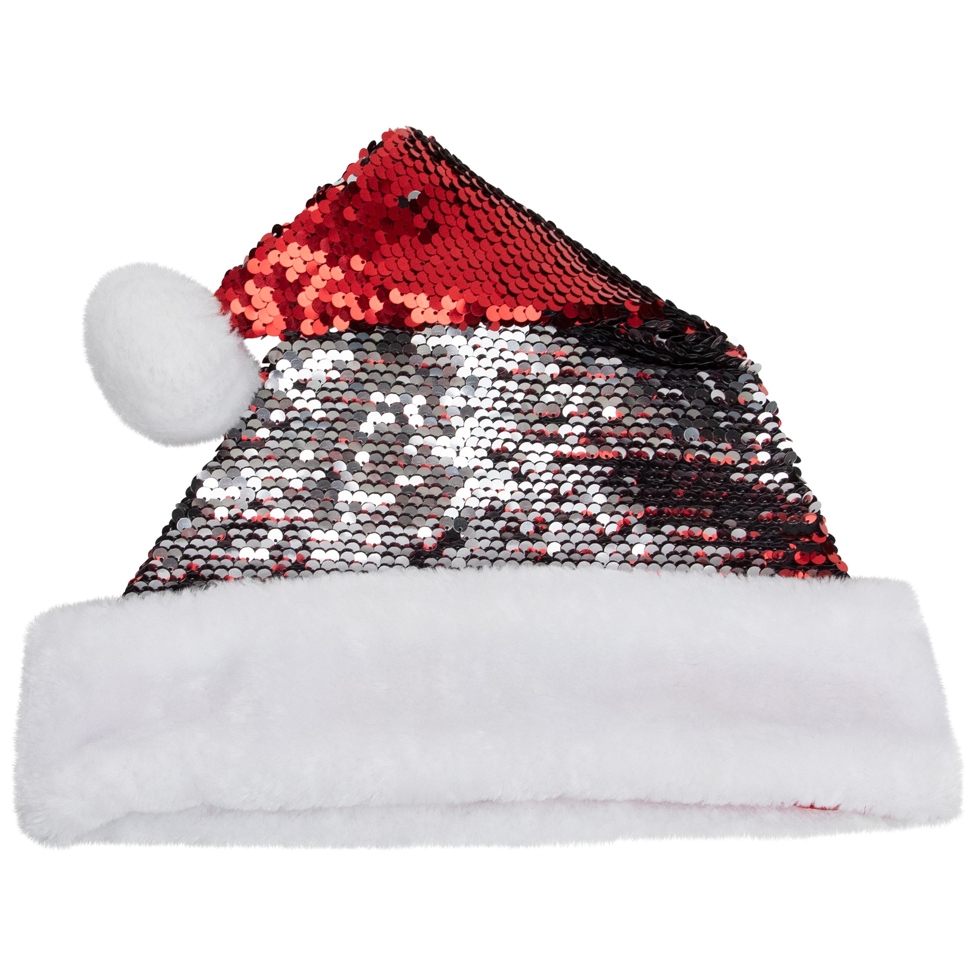 15" Red & Silver Reversible Sequined with Faux Fur Cuff Santa Hat