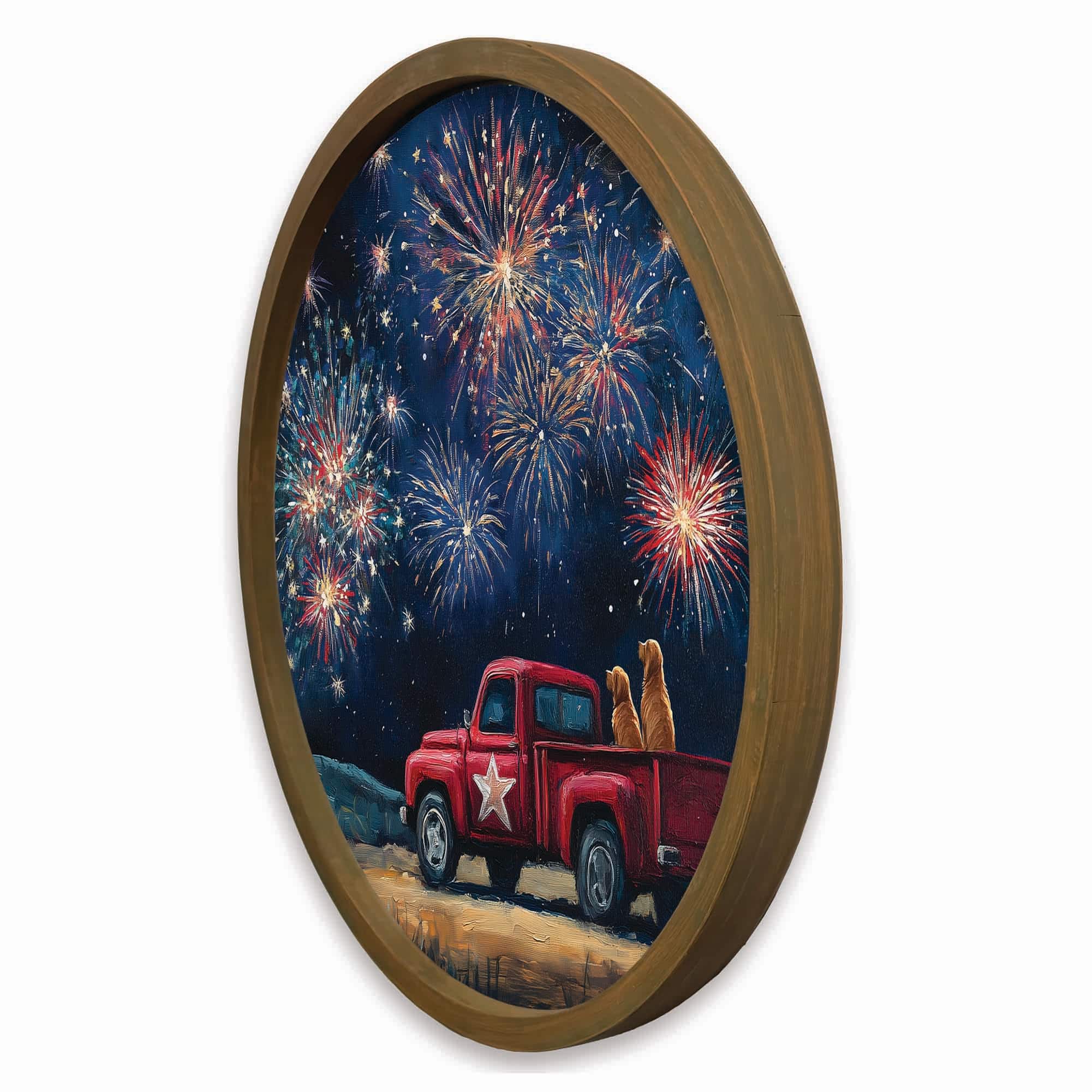 20" Goldens Watching Fireworks Round Framed Print