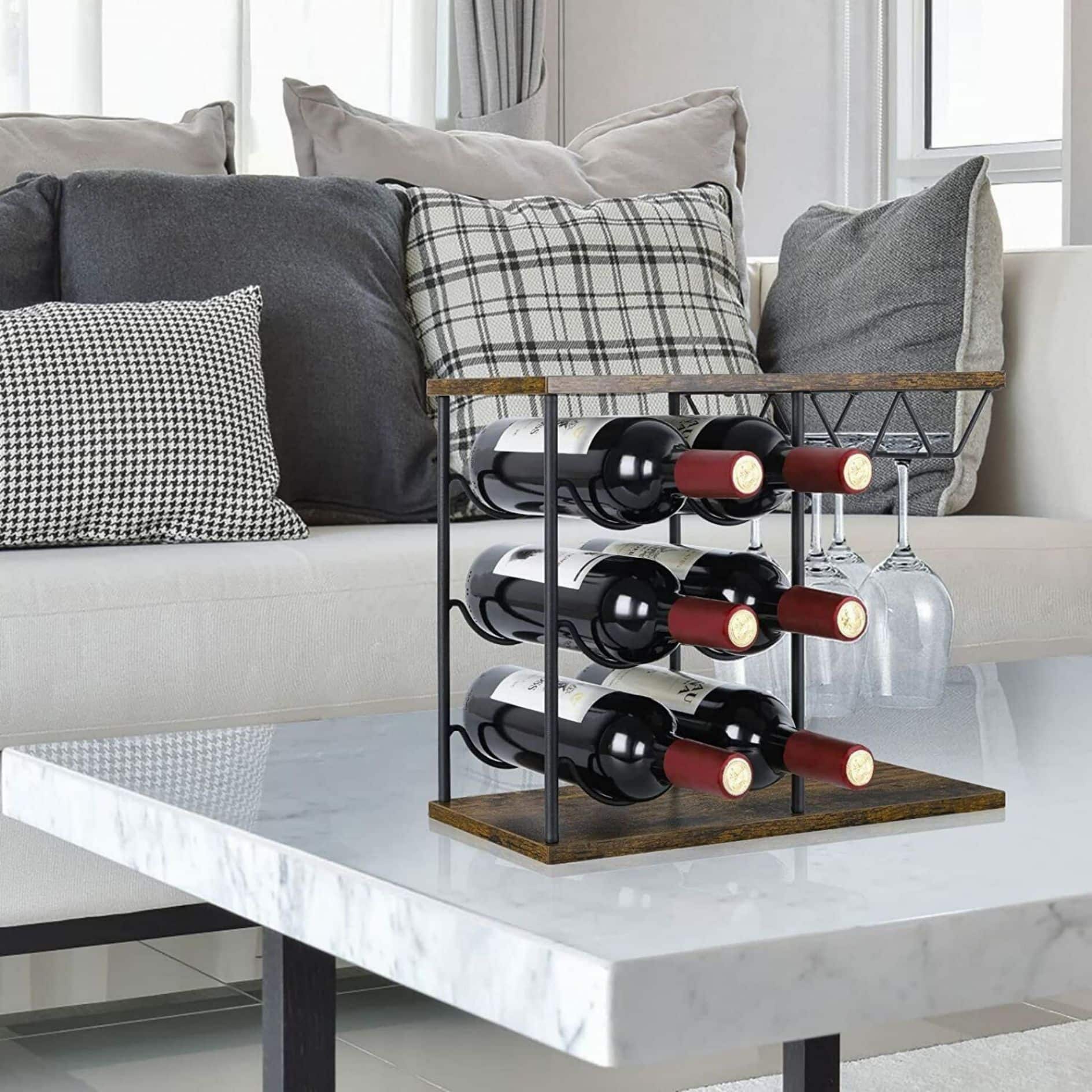 NEX™ 16.5" Dark Brown Countertop Wine Bottle & Glass Rack