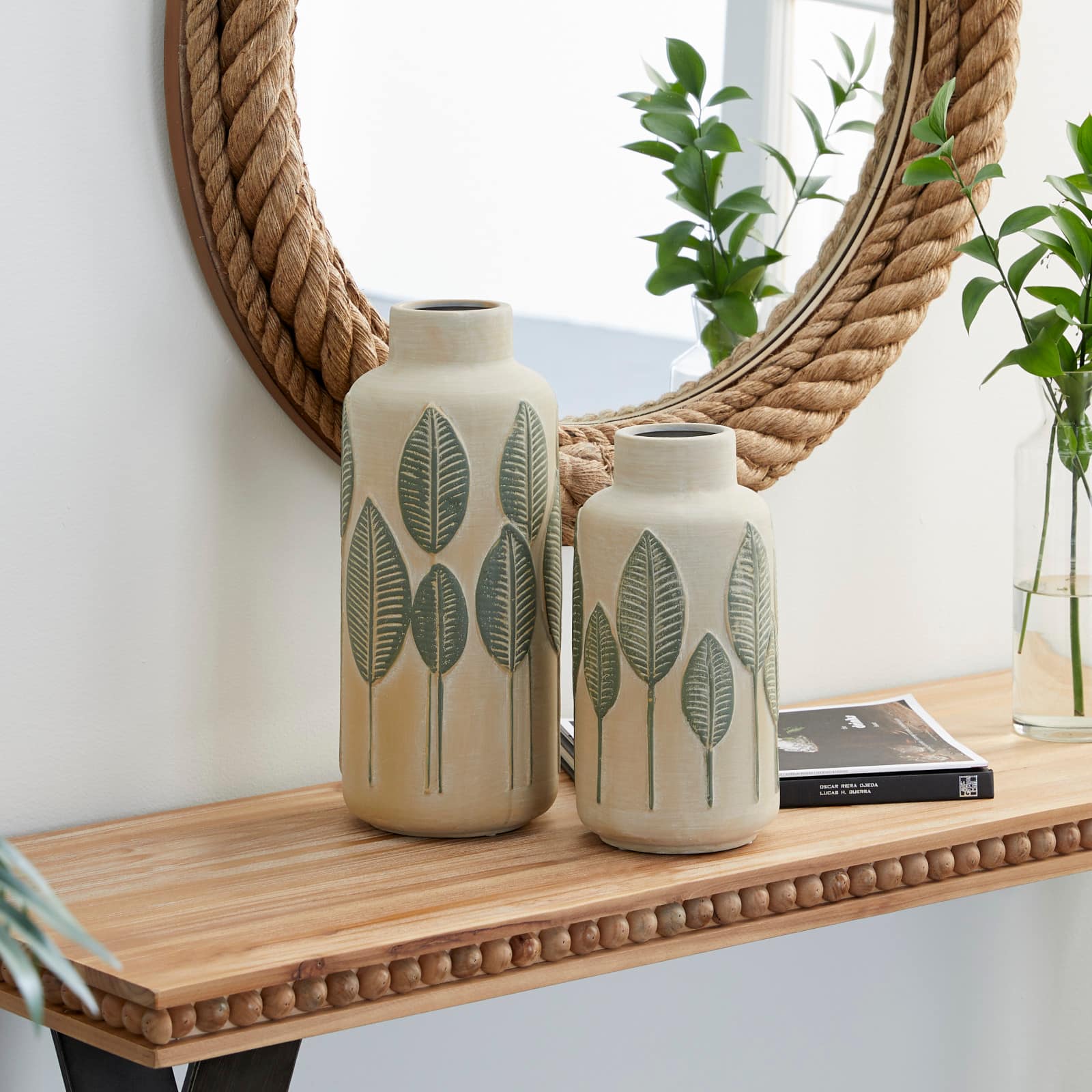 Set of 2 Beige Stoneware Coastal Style Vase, 11", 14"