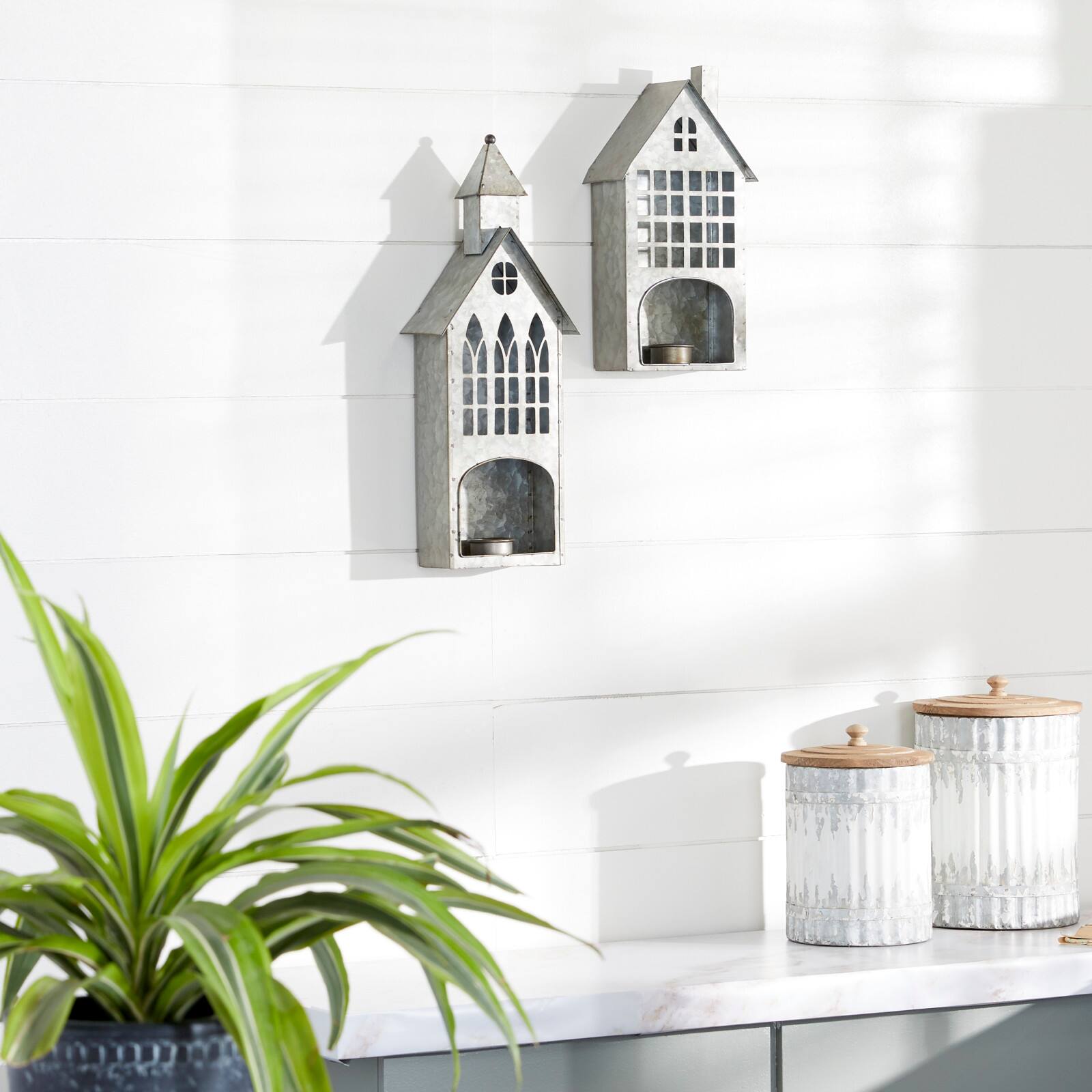 Set of 2 Grey Metal Farmhouse Candle Holder, 13", 18"