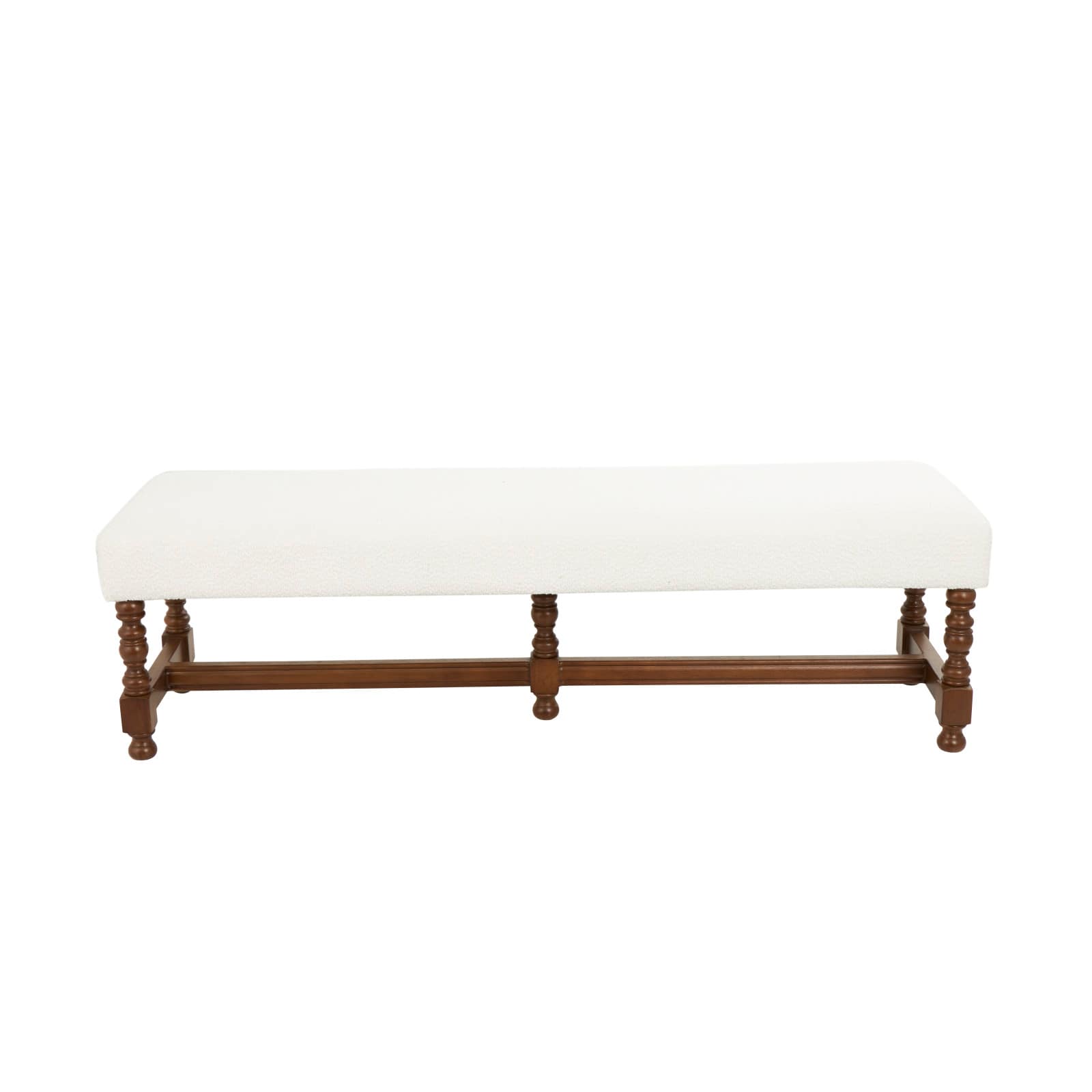 59" Cream Fabric Bench with Brown Traditional Wood Turned Legs