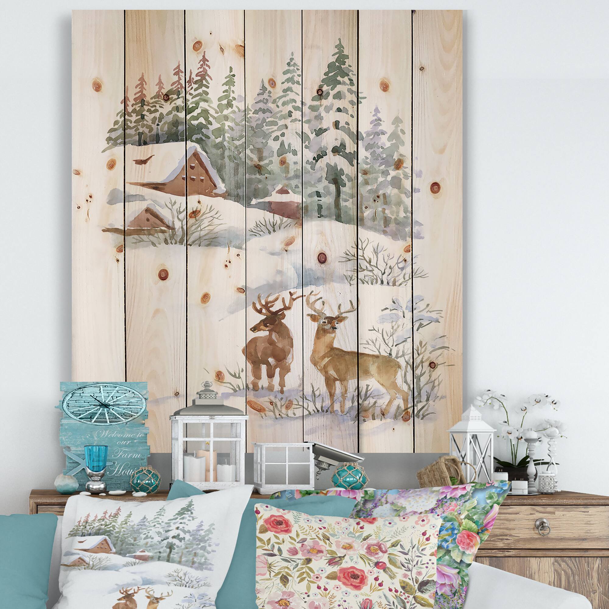 Designart - Winter Cottage With Two Deers - Farmhouse Print on Natural Pine Wood