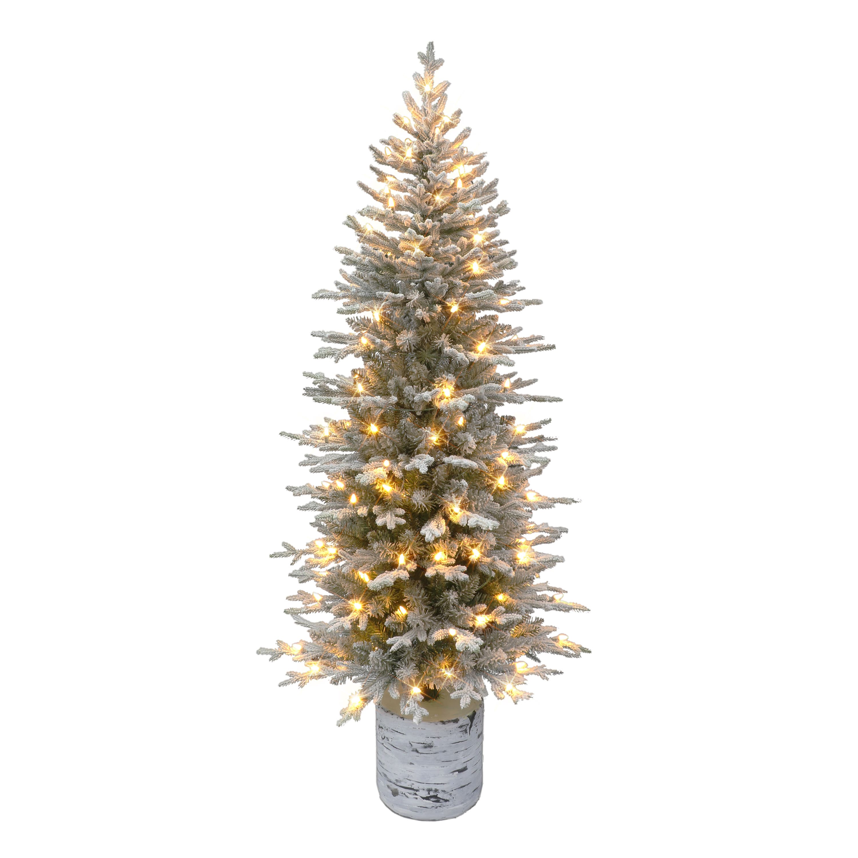 6ft. Pre-Lit Flocked Slim Arctic Fir Artificial Christmas Tree in Stump Planter, Color Select LED Lights
