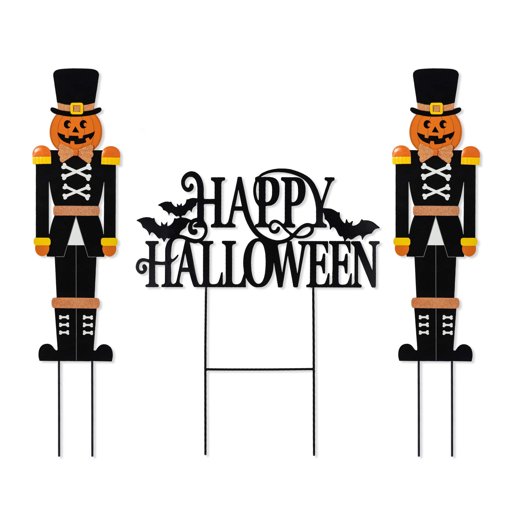 Glitzhome® 32"H Halloween Metal Nutcracker and HAPPY HALLOWEEN Yard Stake Set