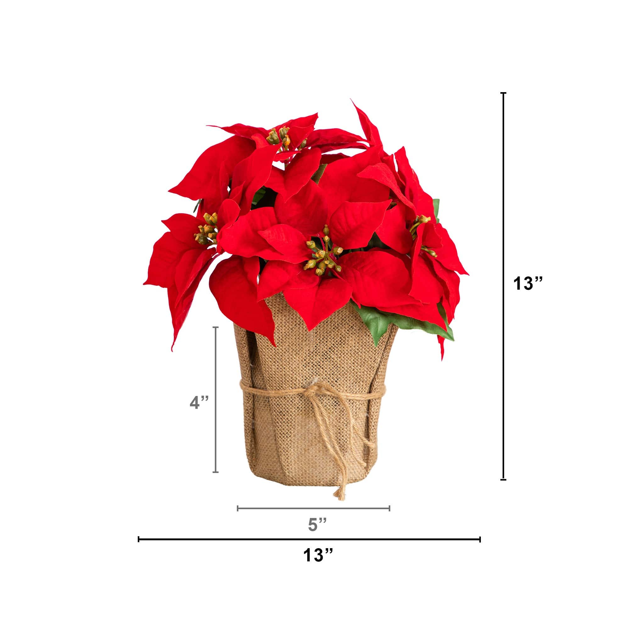 Nearly Natural 13" Red Artificial Velvet Poinsettia in Burlap Planter