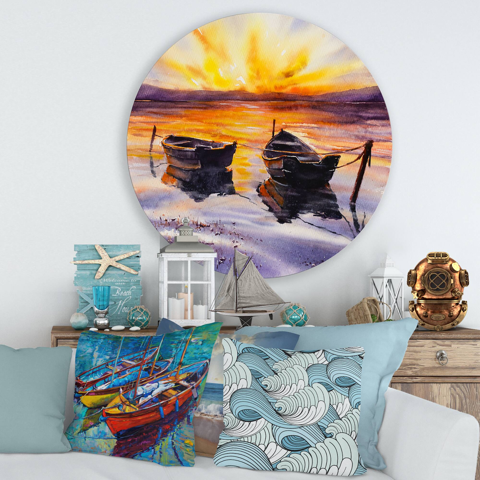 Designart - Sunset and Two Small Boats Parking On The Shore - Lake House Metal Circle Wall Art