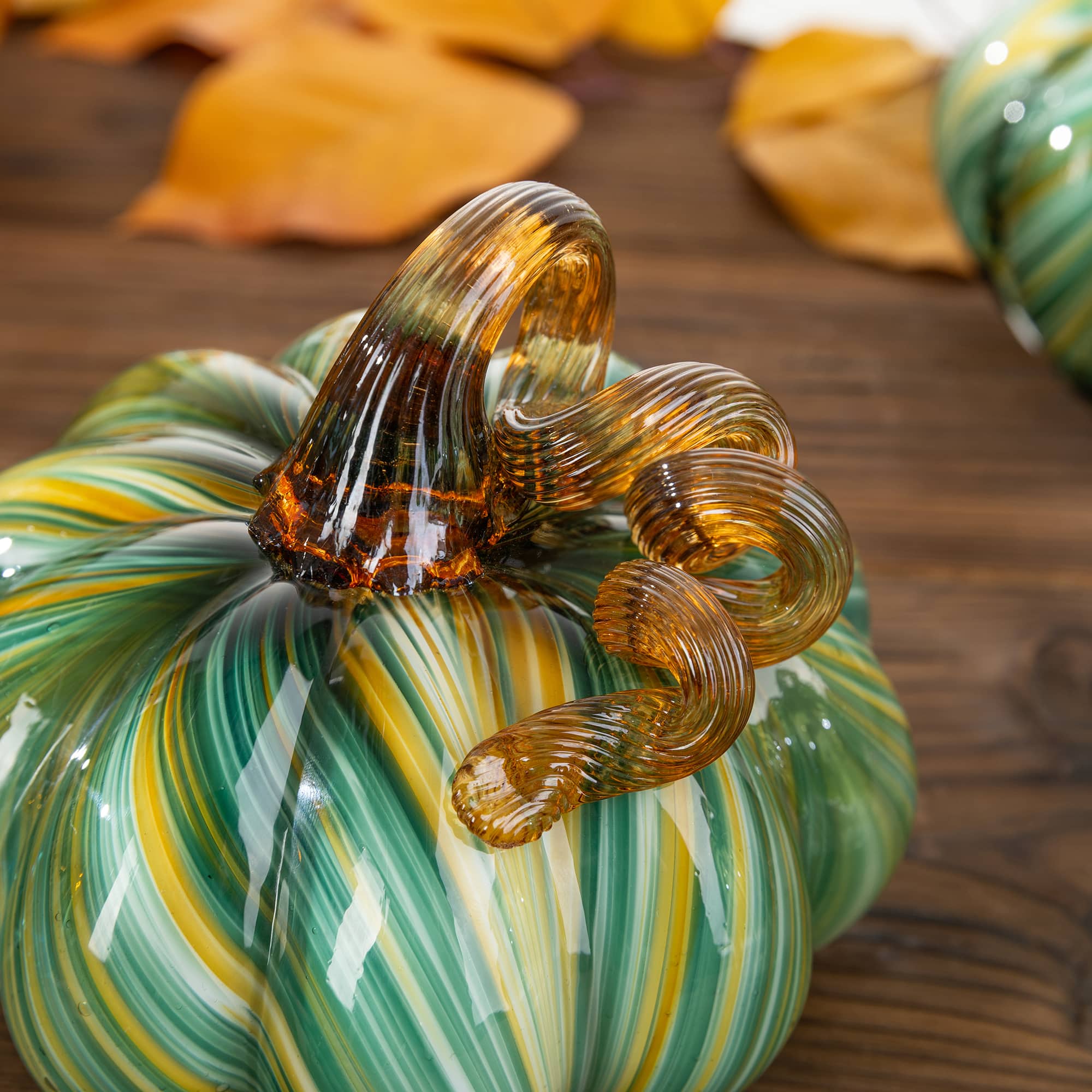 Glitzhome® 5.75" Multi Green Striped Glass Pumpkin Fall Table Decor