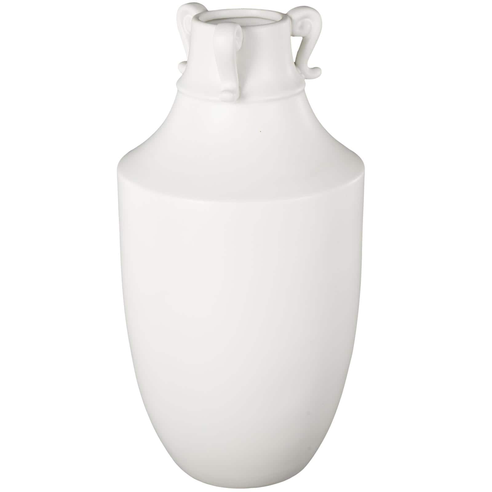18.25" White Ceramic Sleek Amphora Vase with Scroll Handles